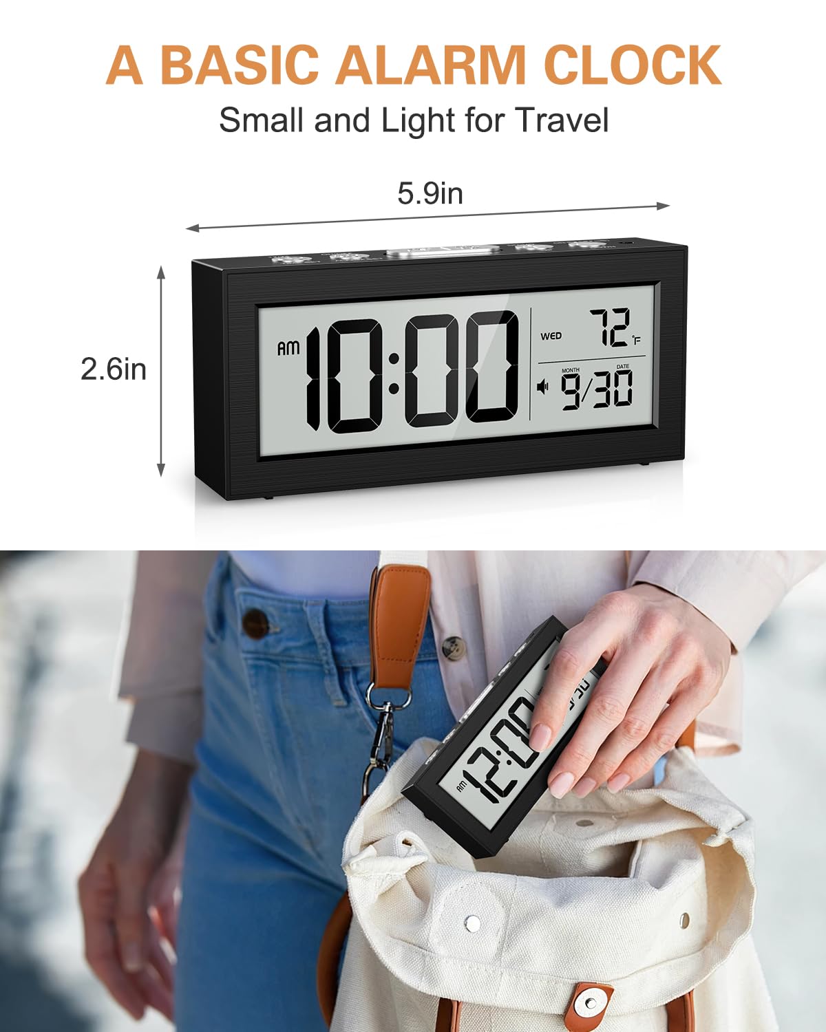 Bomivoi Battery Powered Digital Clock, LCD Digital Clock with Date & Temp Display, 5 Alarm Schedule, Snooze, 12/24 H, Auto Dimming, 5s Backlight, Small Alarm Clocks for Bedroom, Office, Travel
