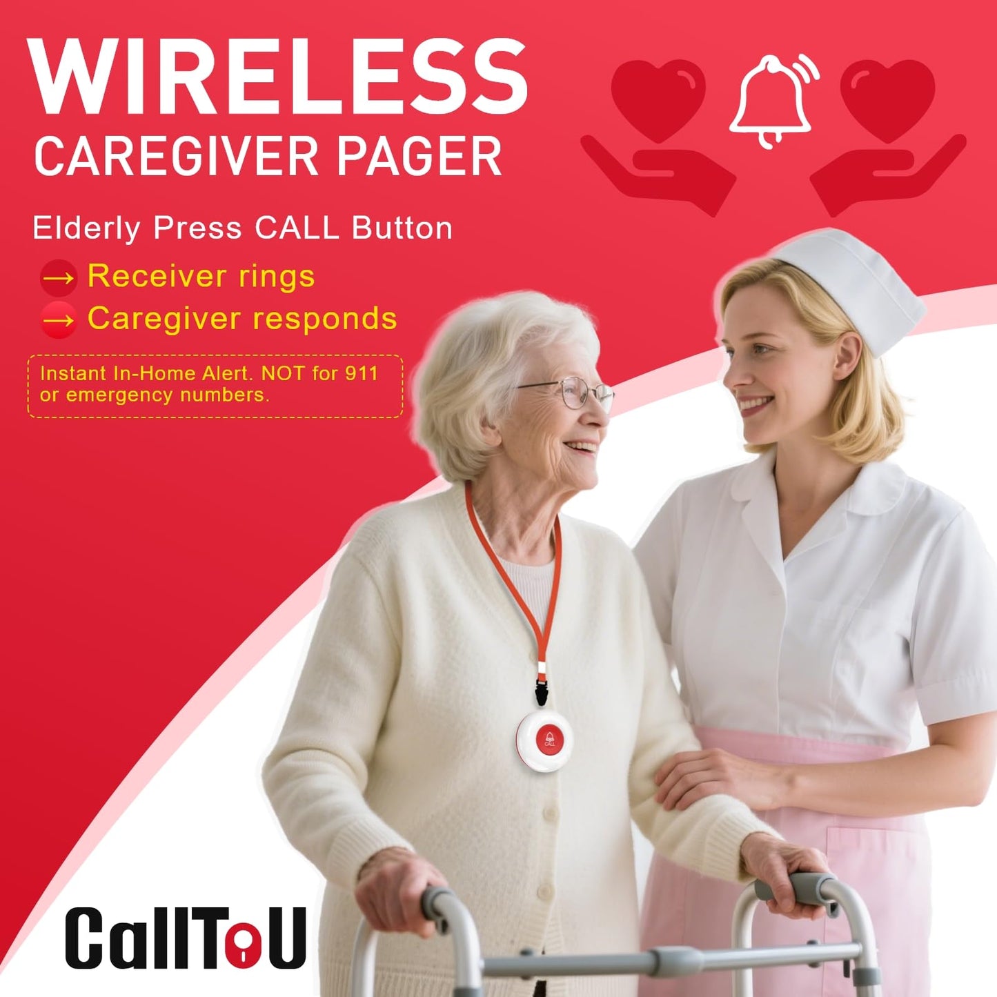 CallToU Caregiver Pager Wireless Call Button Nurse Alert System 500+ Feet for Home/Elderly/Patient/Disabled 1 Plugin Receiver 1 Waterproof Transmitter