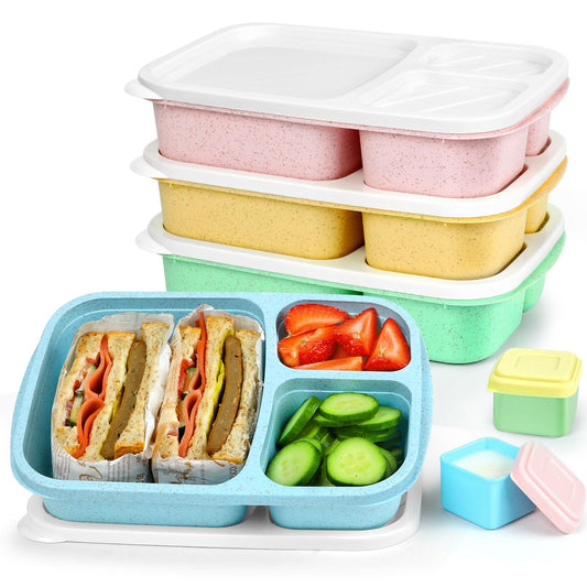 Caperci Bento Lunch Box Containers for Adults & Kids - 3-Compartment Reusable Meal Prep Containers with 2 Sauce Containers for School, Work, Travel, Wheat Straw, 4-Pack (Vintage Colors)