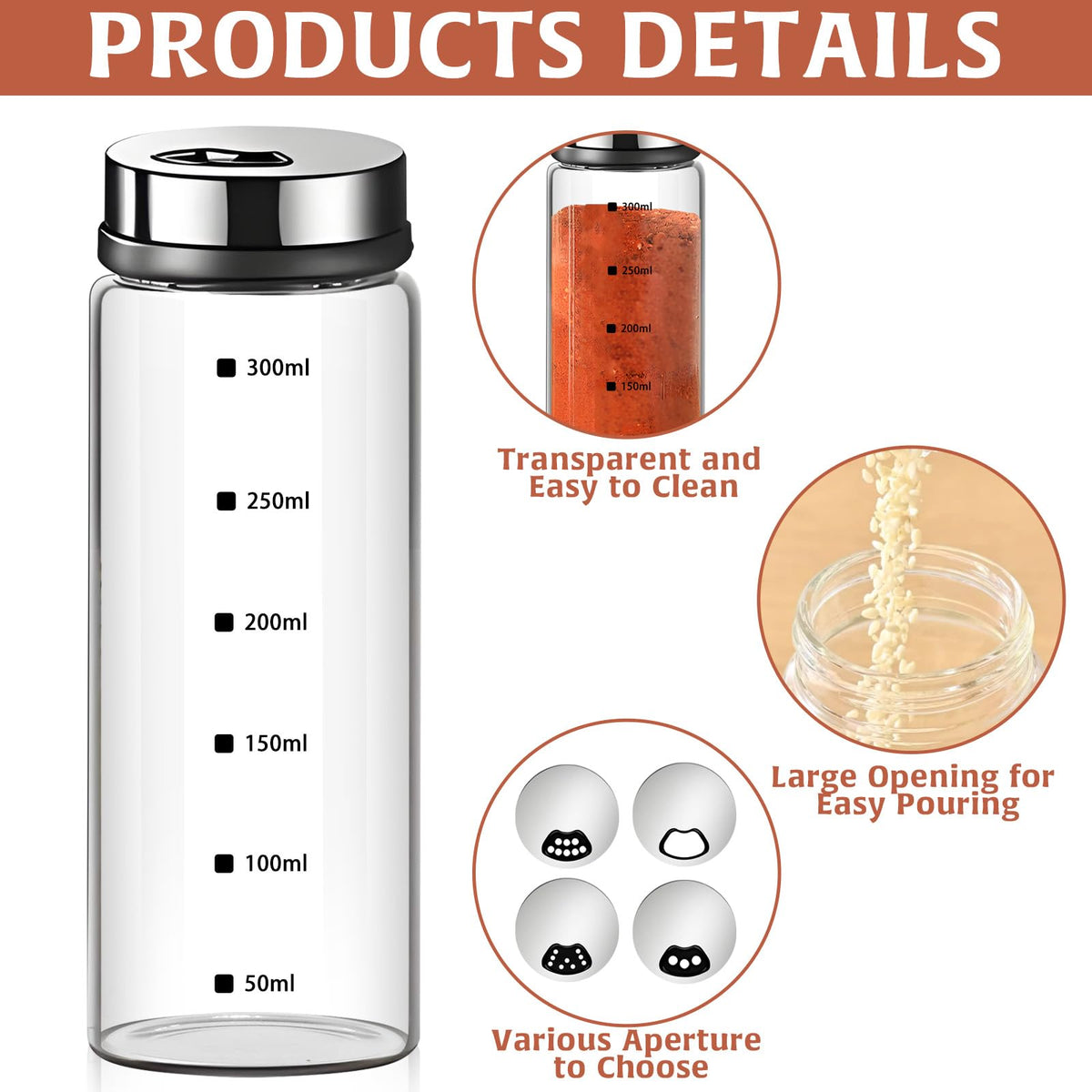 2Pcs Large Salt & Pepper Shakers, Glass Salt & Pepper Shakers with Adjustable Pour Holes, Salt & Pepper Dispensers with Stainless Steel Removable Lids, Salt Spice Shakers for Kitchen Restaurant