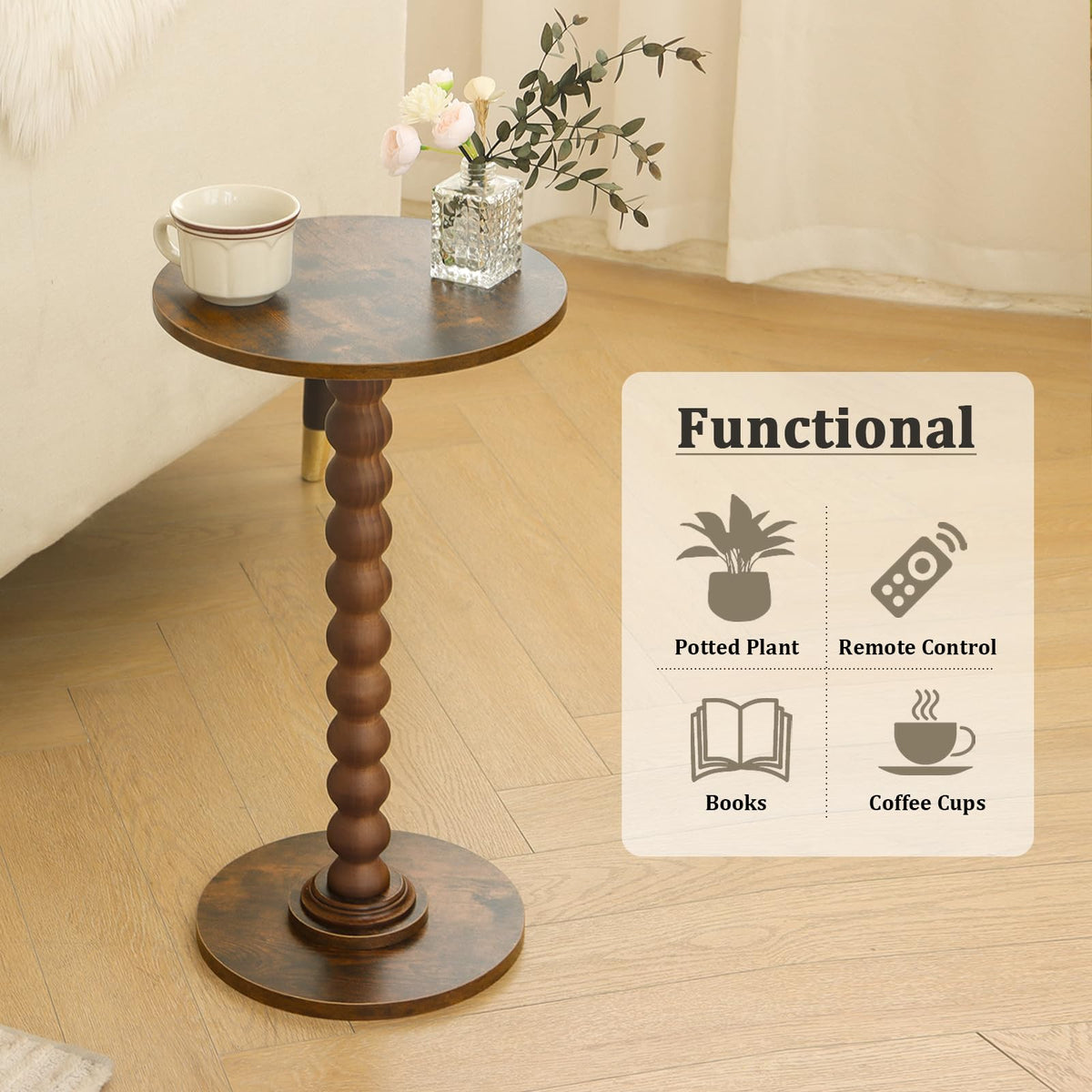 Fultyle Round Side Table, Small Drink Table for Small Spaces, Modern Accent Nightstand with Solid Wood Leg for Living Room, Bedroom, Corners, and Office (Rustic Brown)