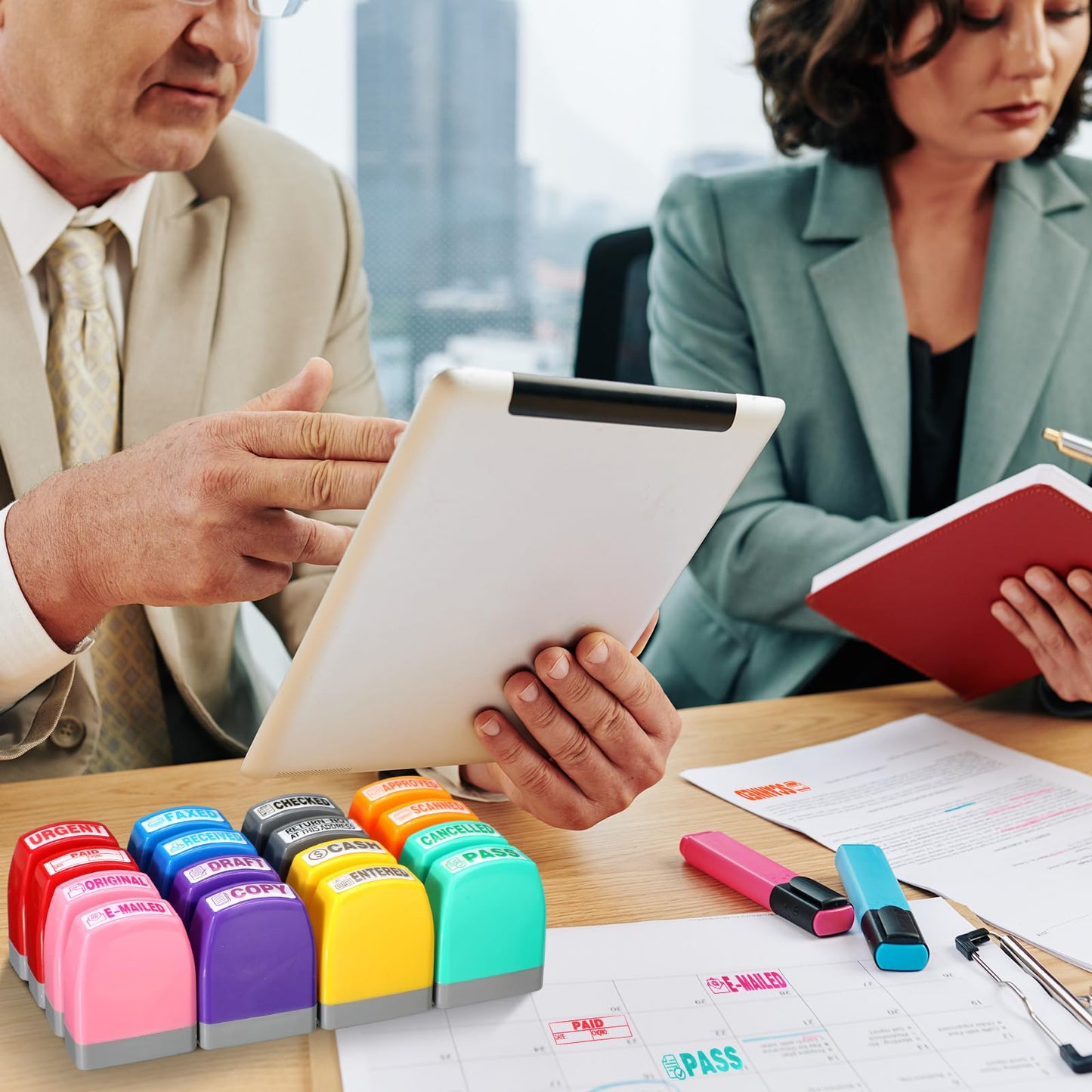 Yeaqee 16 Pcs Self Inking Rubber Stamp Set for Office Approved Paid Copy Faxed Scanned Message Account Business Stamps Paper Work Text Ink Stampers
