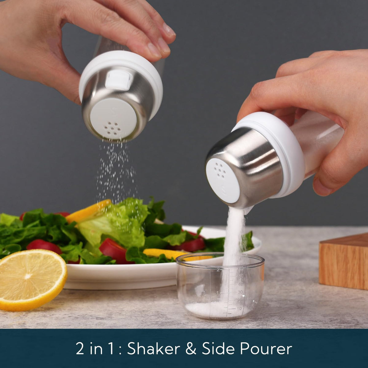 KTCHENDAO 2 in 1 Glass Salt Shaker with Side Pour Spout, Built-in Lid to Slow Down Dampness with Mearsuring Marks, Elegant Borosilicate Glass Salt Dispenser for Kitchen, BPA Free, 4oz (White)