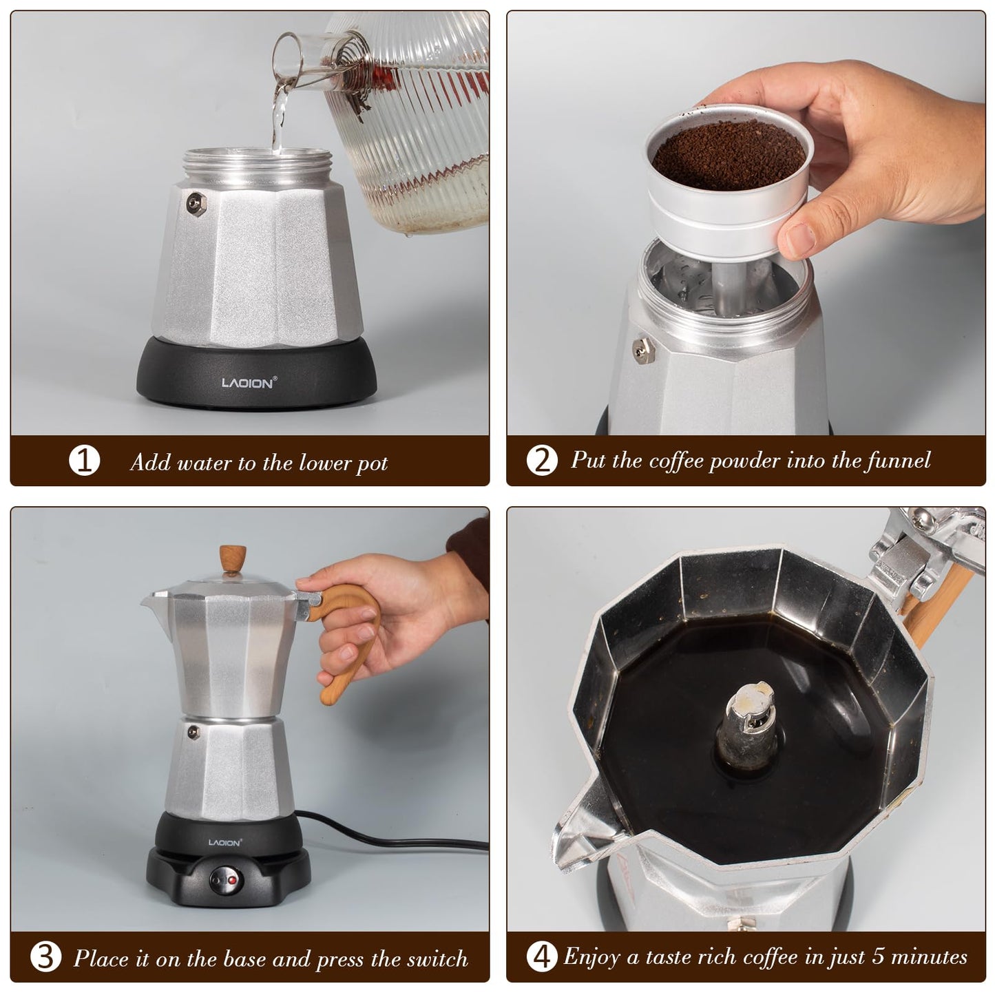 LAOION Cafeteras Electricas Modernas,6 Cup Portable Espresso Maker,300ml Moka Pot with Detachable Base & Overheat Protection, Great for Home，Office, or Travel, a Thoughtful Gift for Coffee Lovers