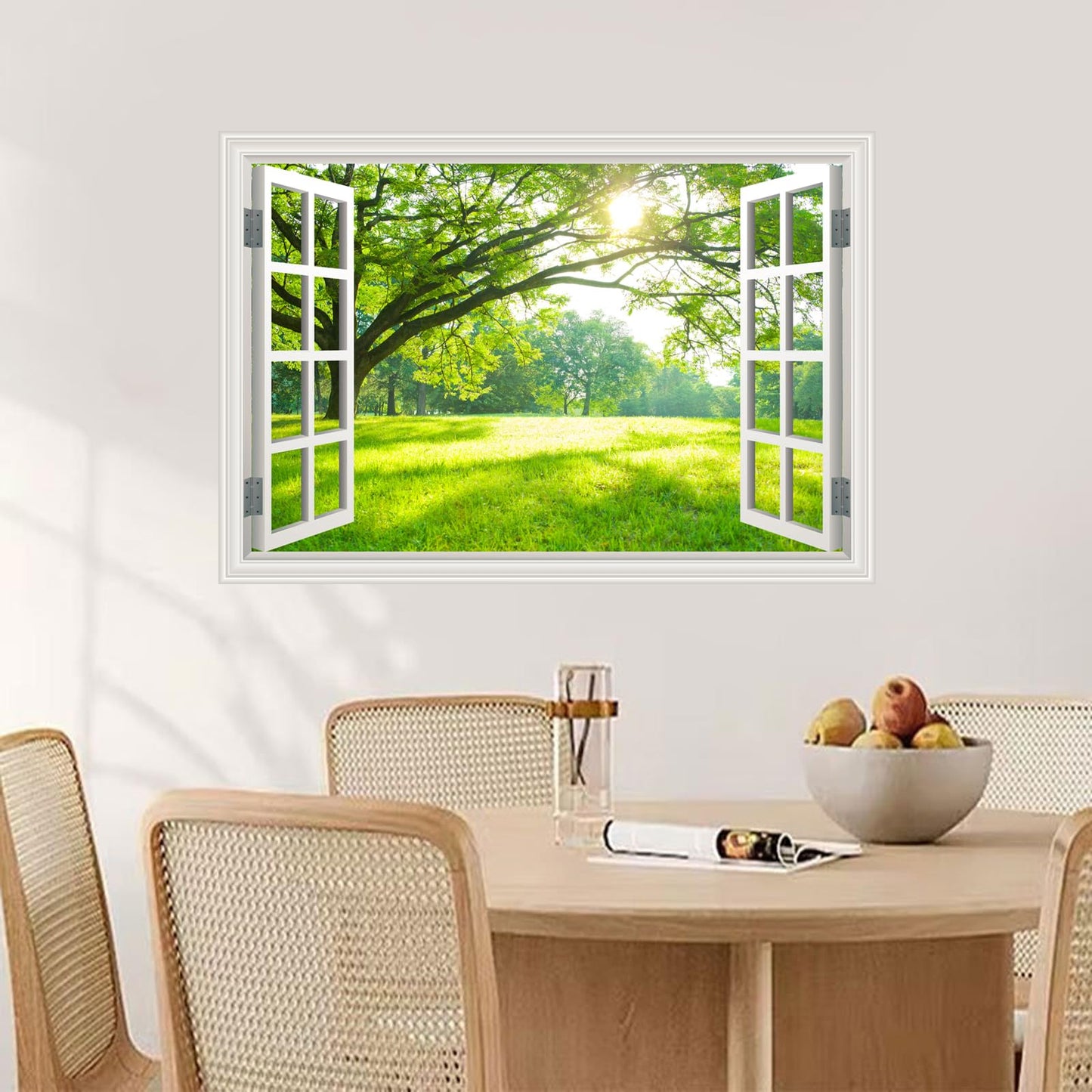 Natural Scenery Spring Green Forest Tree Scene Wall Art Poster Fake Window Wall Mural Faux Window Wall Sticker for Office Home Room Decor, Peel and Stick Wall Decals 48" x 66" Set of 4 Sheets