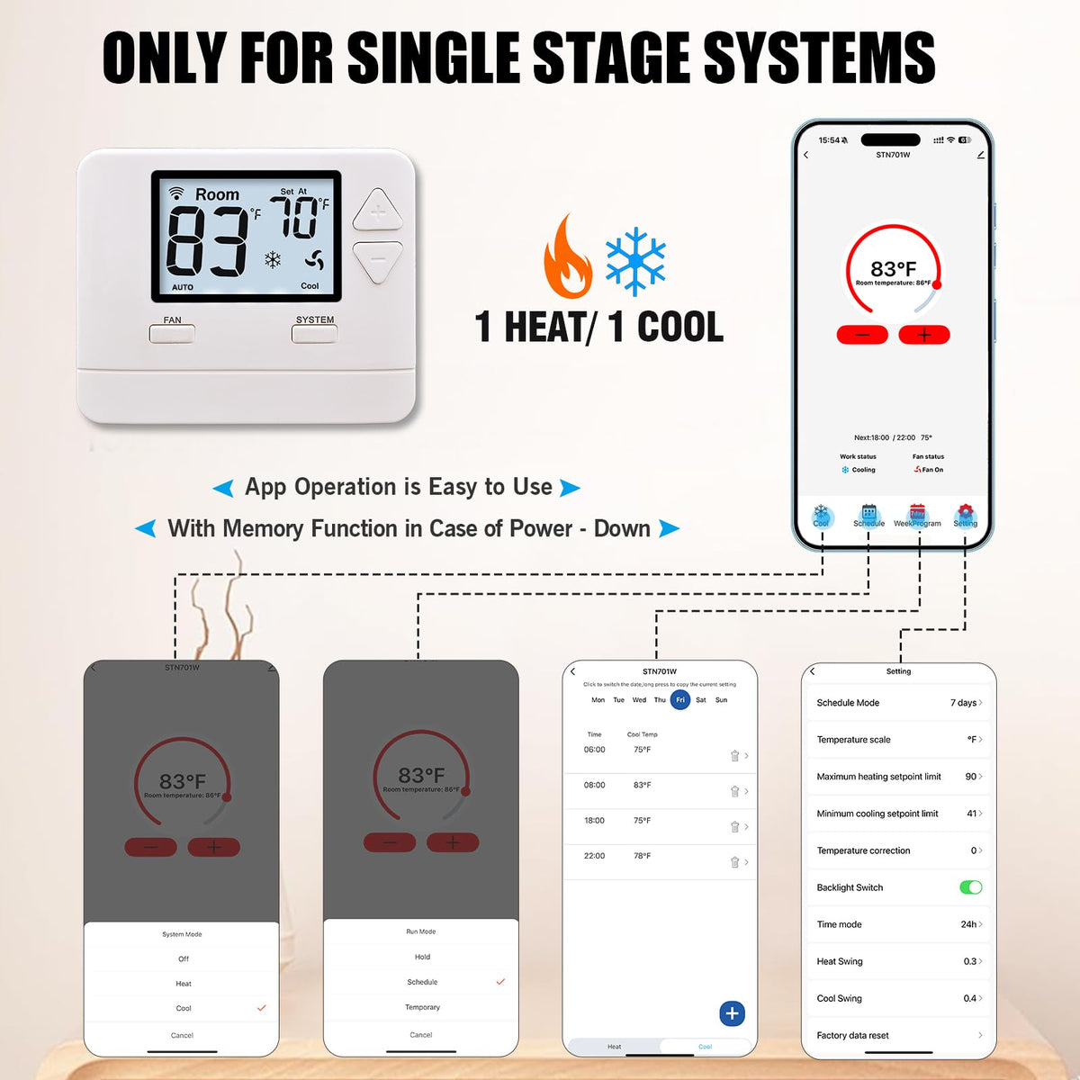 Heagstat WiFi Thermostats for Home Single-Stage 1Heat/ 1Cool, APP Remote Control, 7-Day or 0-Day Programmable. (C-Wire Required)