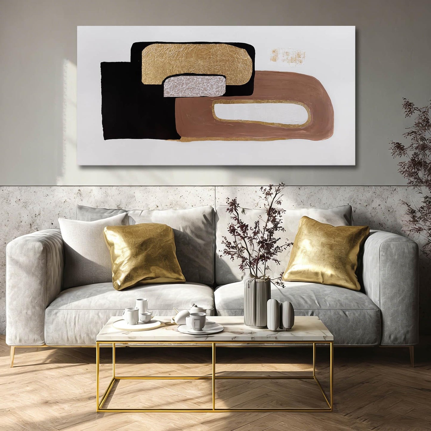 NBAODAN Minimalist Room Decor Black Brown and White Wall Art Modern Abstract Wall Decor Gold Foil Painting on Canvas Artwork for Living Room Bedroom 24x48 Inch