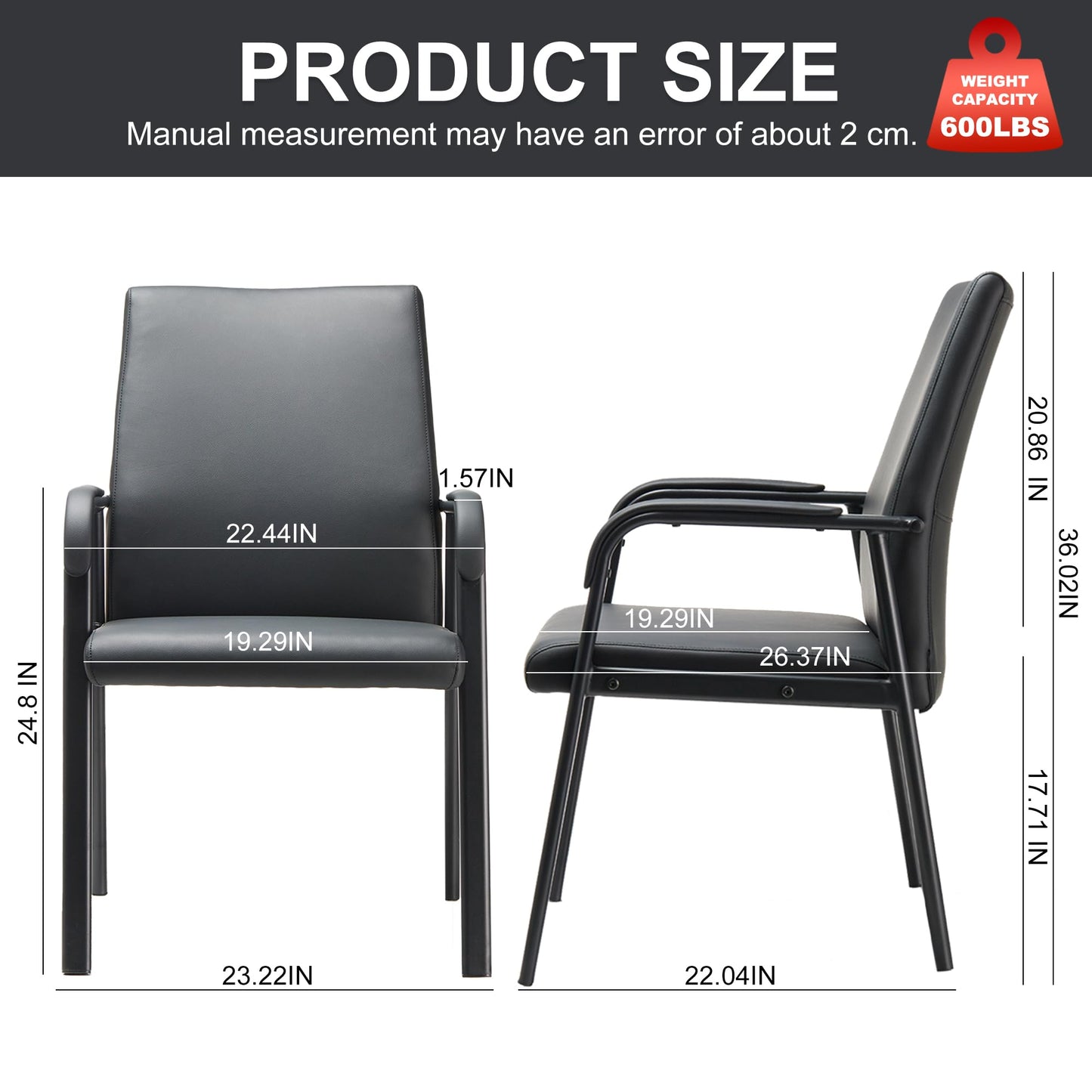 VACYOVKE Office Guest Reception Chair 600 lbs Capacity Leather Conference Room Chairs with Padded Armrests No Wheels Desk Chair Black