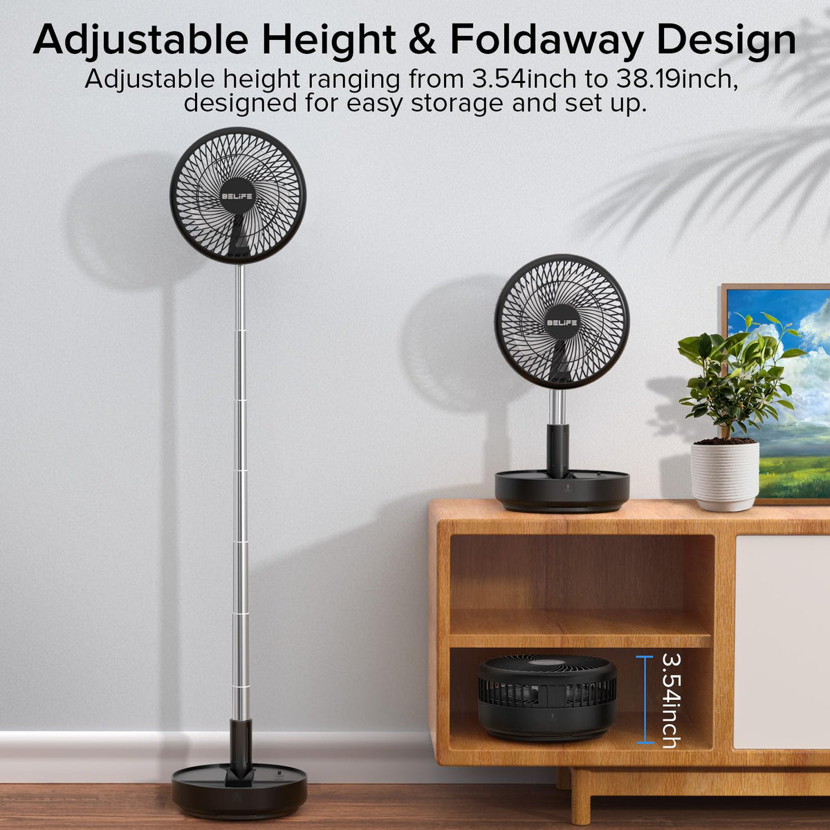 Belife X8 Portable Fan, 7200mAh Battery Powered Rechargeable, Oscillating USB Desk Floor Fan with Remote, Foldable Telescopic Fan for Home Bedroom Sleeping Office Camping Travel, 7.7" (Black)