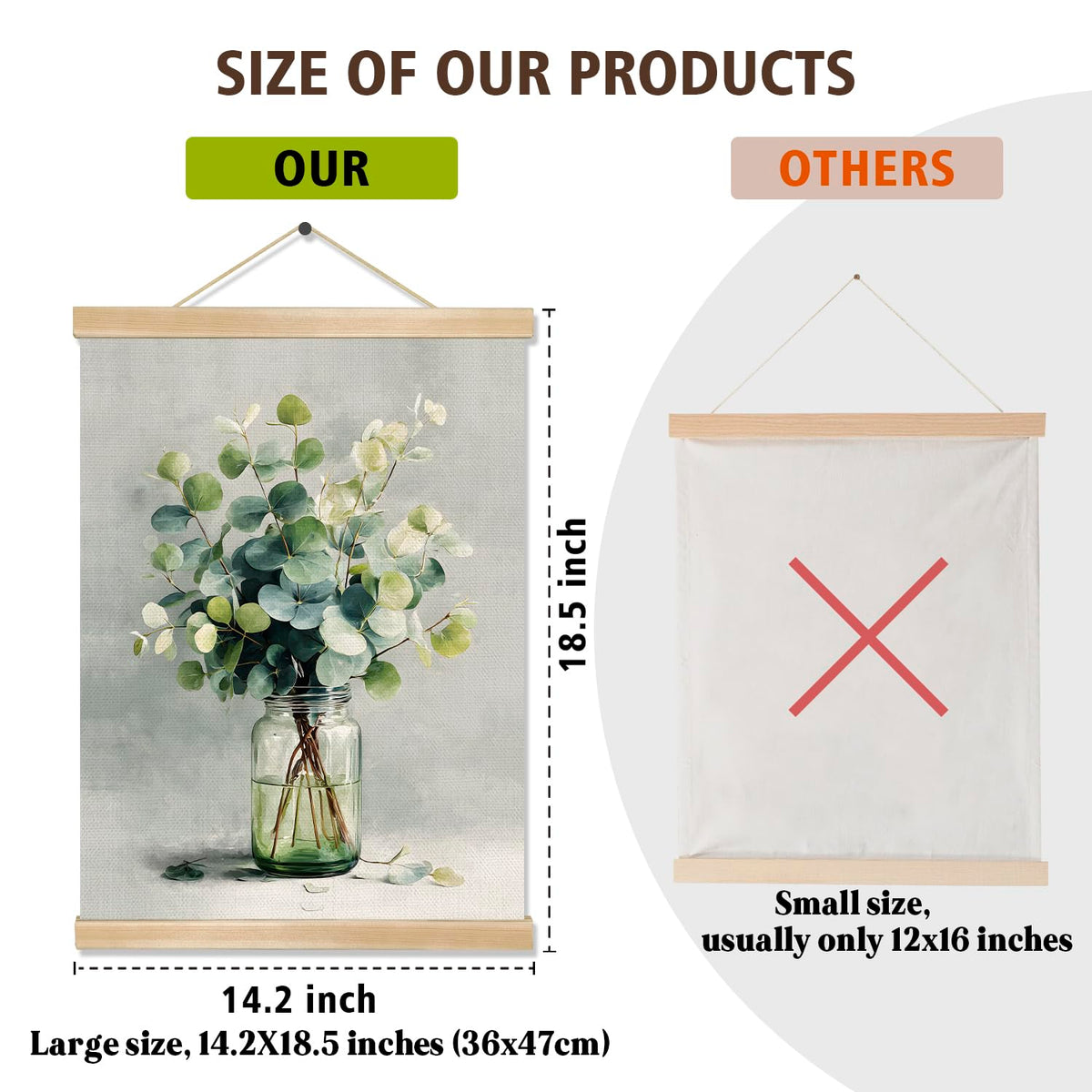You found a duck Eucalyptus Wall Art, Minimalist Green Botanical Poster on Linen with Glass Jar, Modern Farmhouse or Scandinavian Style Decor for Living Room or Bedroom, 18.5x14 Inch (Green- Leaves)