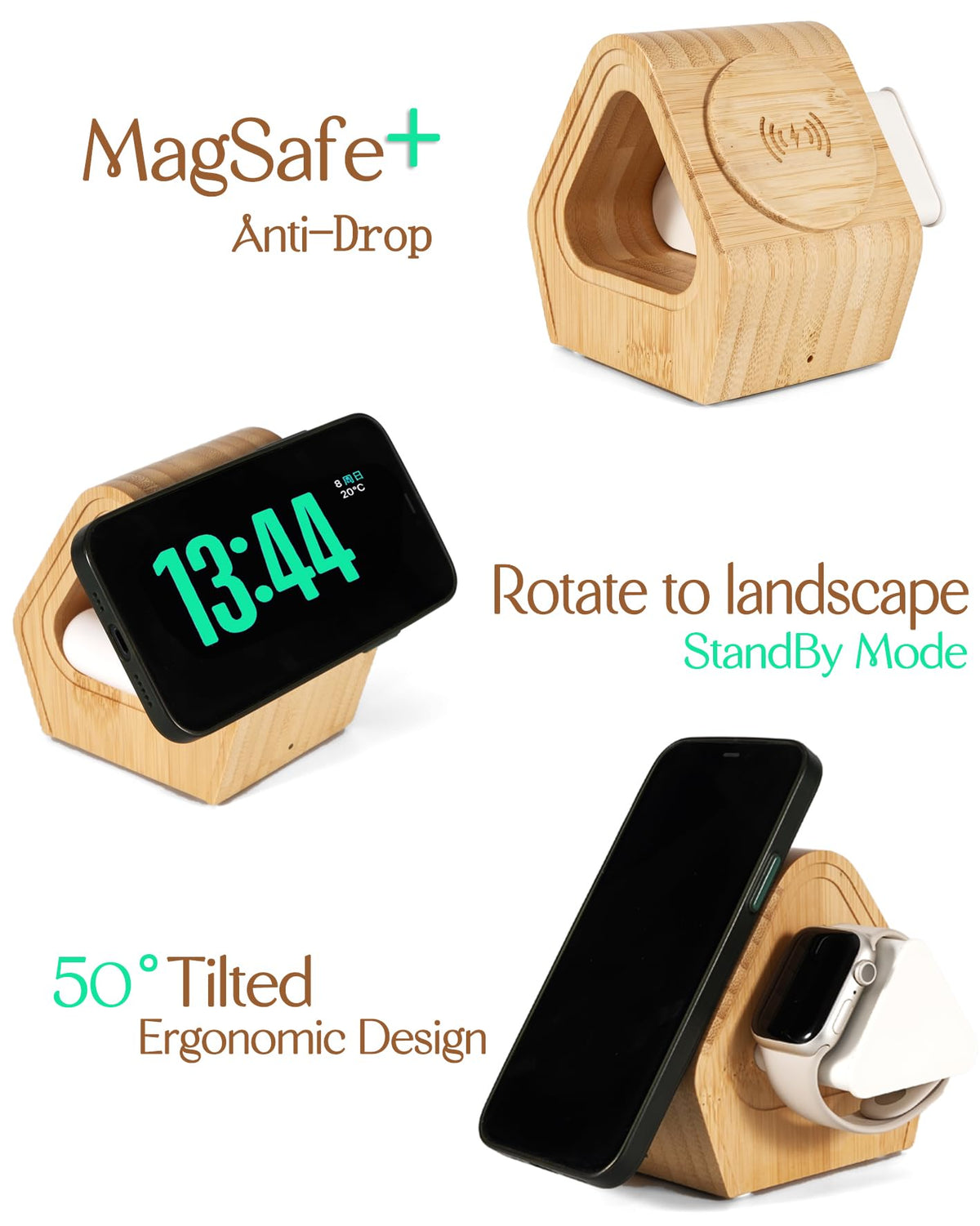 Bamboo Wireless Charging Station for Apple: 3-in-1 Charger Stand with Cabin Style for iPhone 17 16 15 14 13 12 Series,Watch 11-2, SE, Ultra, and AirPods 4-2, Pro, MagSafe Wireless Charger(20W Adapter)