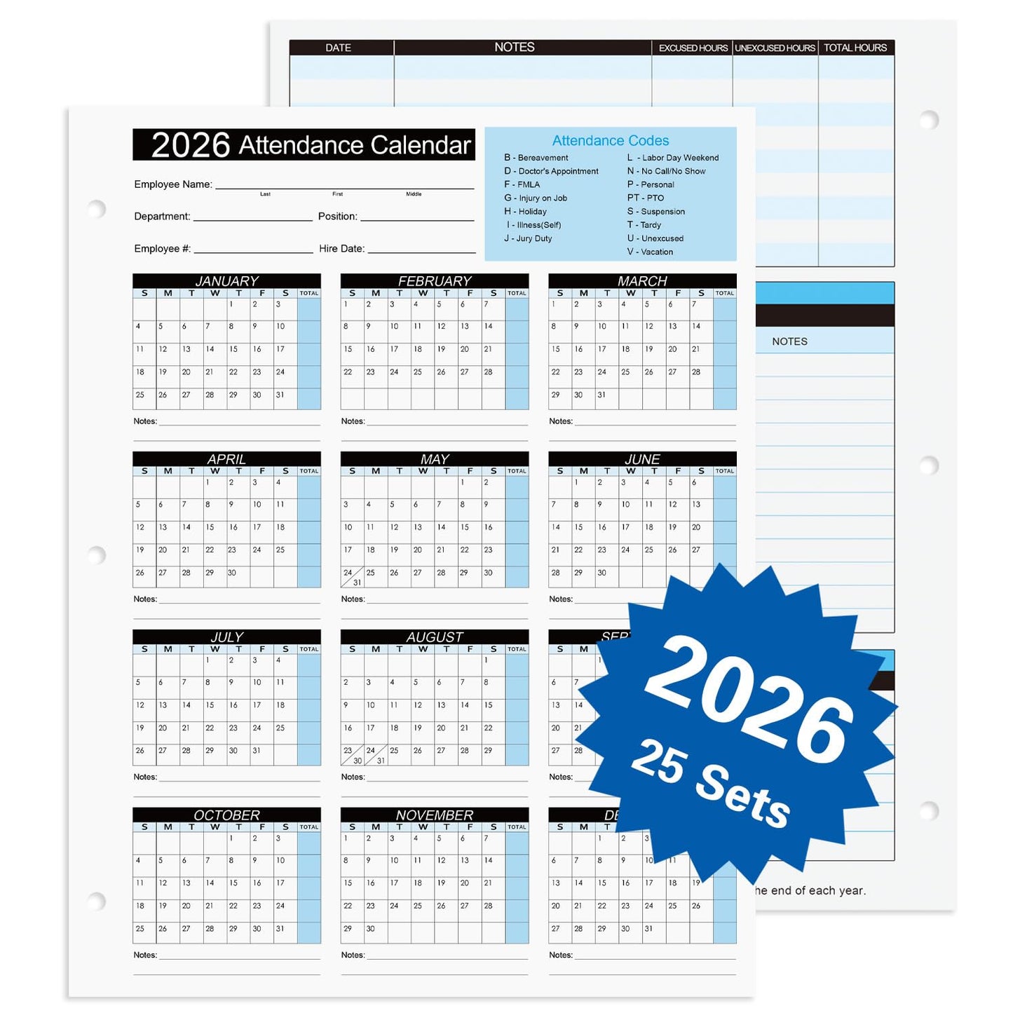 2026 Attendance Calendar Work Tracker Attendance Calendar Cards - 8.5 X 11 Cardstock/Pack of 25 Sheets