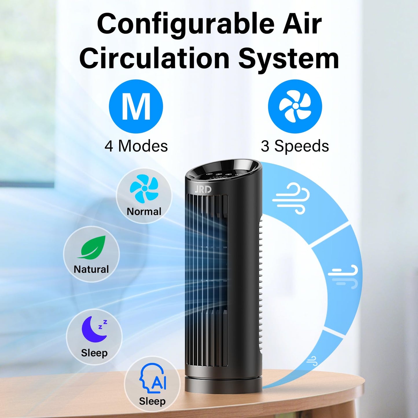 JRD 13'' Tower Fan for Bedroom, Quiet Cooling Desk Fan with Remote, 80° Oscillating, 3 Speed, 4 Mode, 12h Timer, Digital Touch Screen, Portable, Safe Bladeless Table Fan for Home Desktop Office