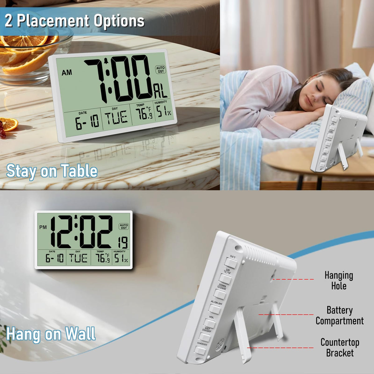 9‘’ Narrow Bezels Battery Operated Digital Wall Clock with Temperature and Humidity - Auto DST, Large 2⅝'' Digits, 5-Level Volume Alarm (3 AA Included) - Wall Mount/Desktop for Office Bedroom Kitchen