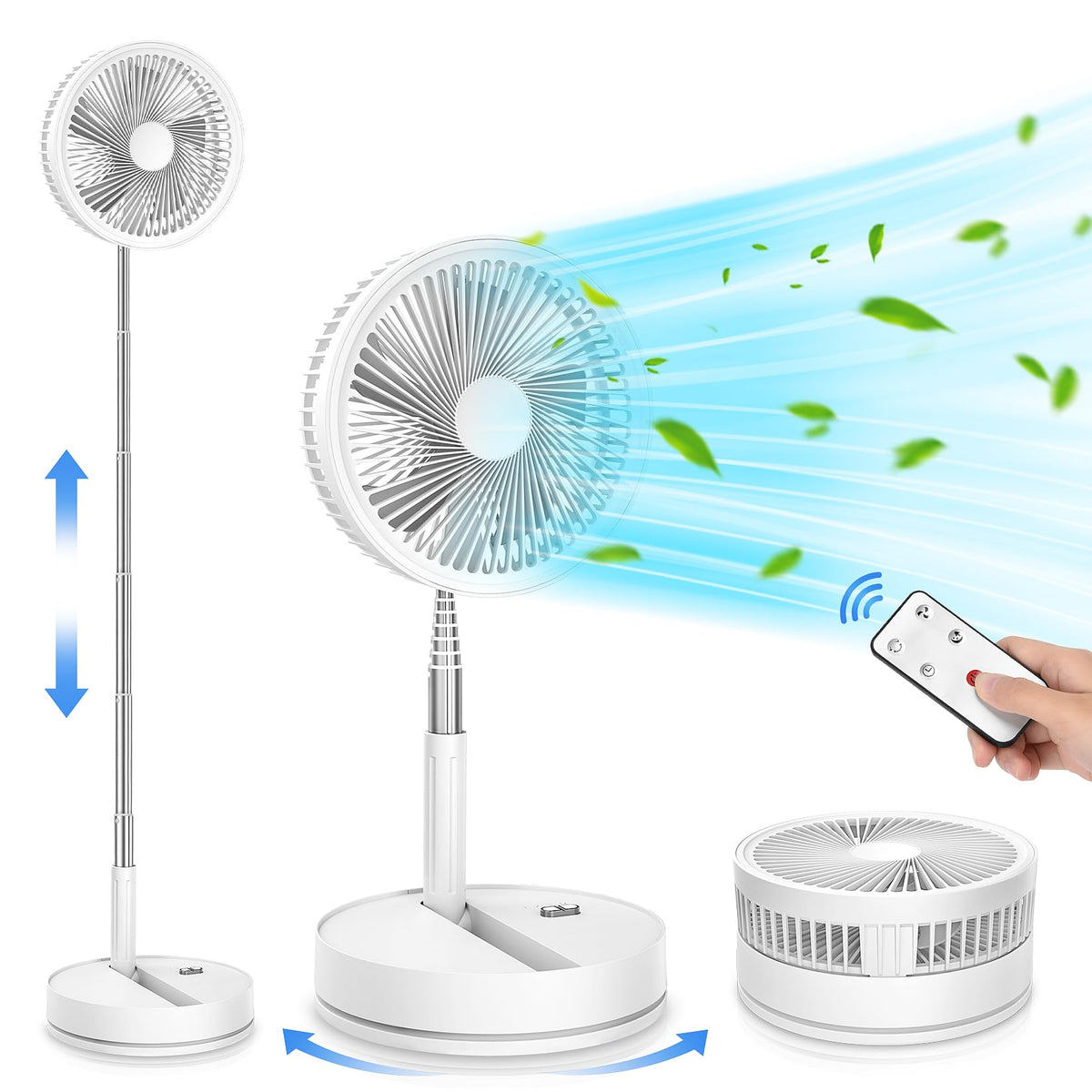 LIPETY Portable Foldable Rechargeable Oscillating Fan Battery Operated Table Desk Fan Folding Standing Pedestal Fans for Bedroom Rome Office Camping Travel (white, 8.6 inch)