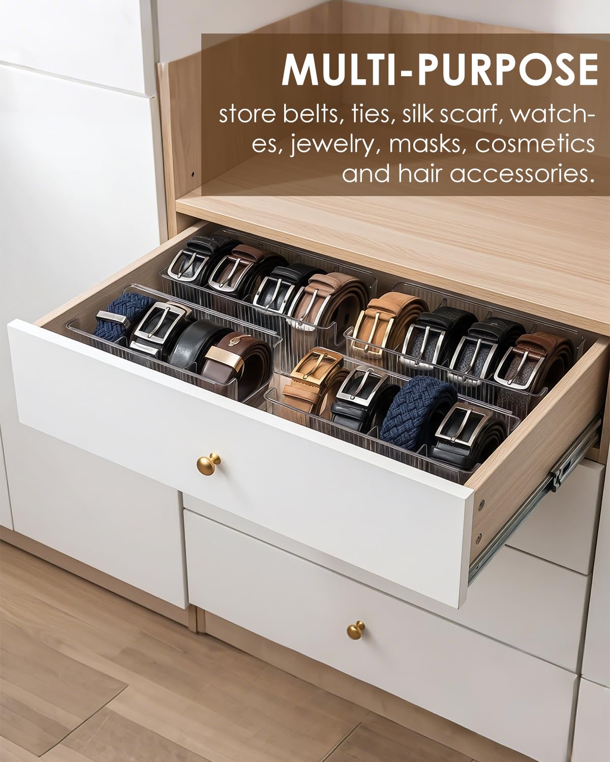 HAYVAN 2 Pack Acrylic Extendable Belt Organizer - Clear Belt Holder with Adjustable Dividers Fits Most Sizes, Storage Box for Ties, Bows, Masks, Jewelry (Space-Saving)