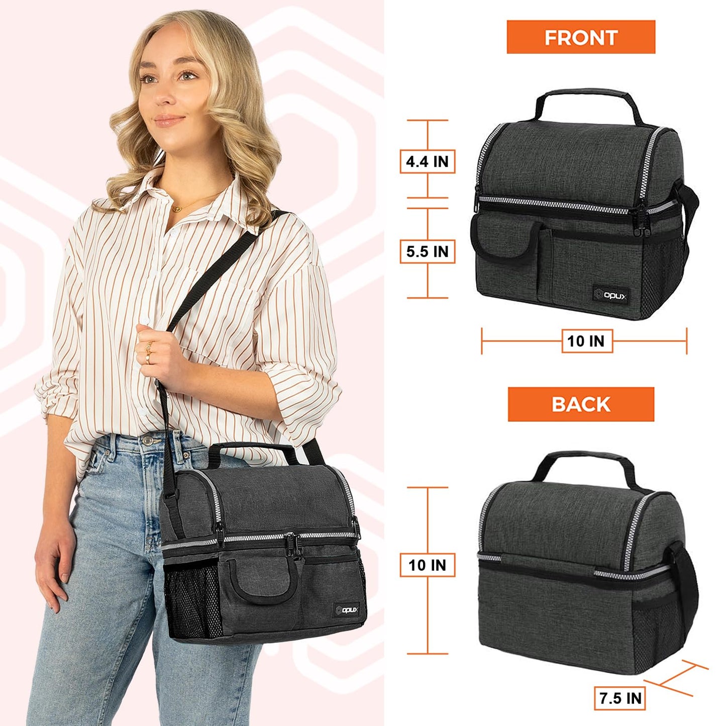 opux Insulated Lunch Bag Women Men, Dual Compartment Leakproof Lunch Box Adults Kids, Double Decker Meal Prep Bento Lunch Cooler Tote with Shoulder Strap for Work Office School Travel, Dark Gray