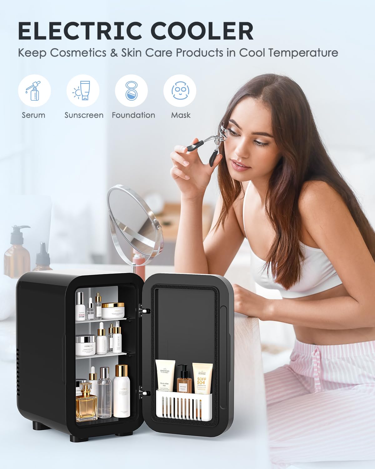FANSEXPERT Skincare Fridge with Glass Panel, 6L Mini Fridge for Home/Car, AC/DC Portable Thermoelectric Cooler and Warmer, Makeup Mini Compact Refrigerator for Skincare Cosmetics Food Drinks (Black)