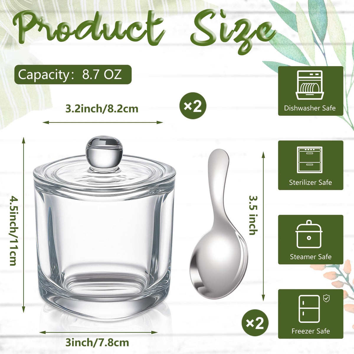 Reallnaive 2 Set Glass Salt Cellar with Lid and Spoon Container for Kosher, Sea, Himalayan Salt, Candy, Pepper, Heavyweight Seasoning Jar, Dishwasher Safe, 8.7oz (White)