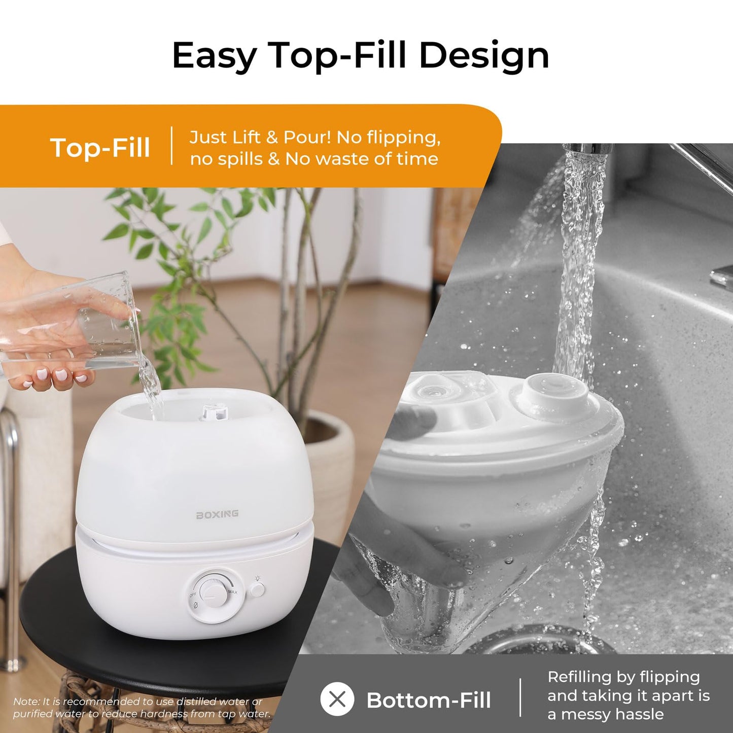 BOXING 3L Top Fill Humidifiers for Bedroom Baby, 20dB Quiet Air Humidifier for Large Room & Indoor Plants with Optional Night Light, Cool Mist Diffuser for Home, Essential Oil Tray, BPA-Free,White,30H