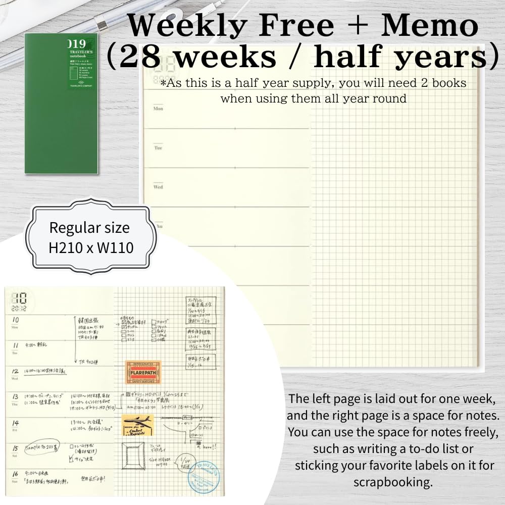 Traveler's Notebook Refill Set – 017 Monthly + 019 Weekly Memo + Bonus Random Washi Tape (3 Roll) – Undated Planner Inserts, Journal Gift Idea