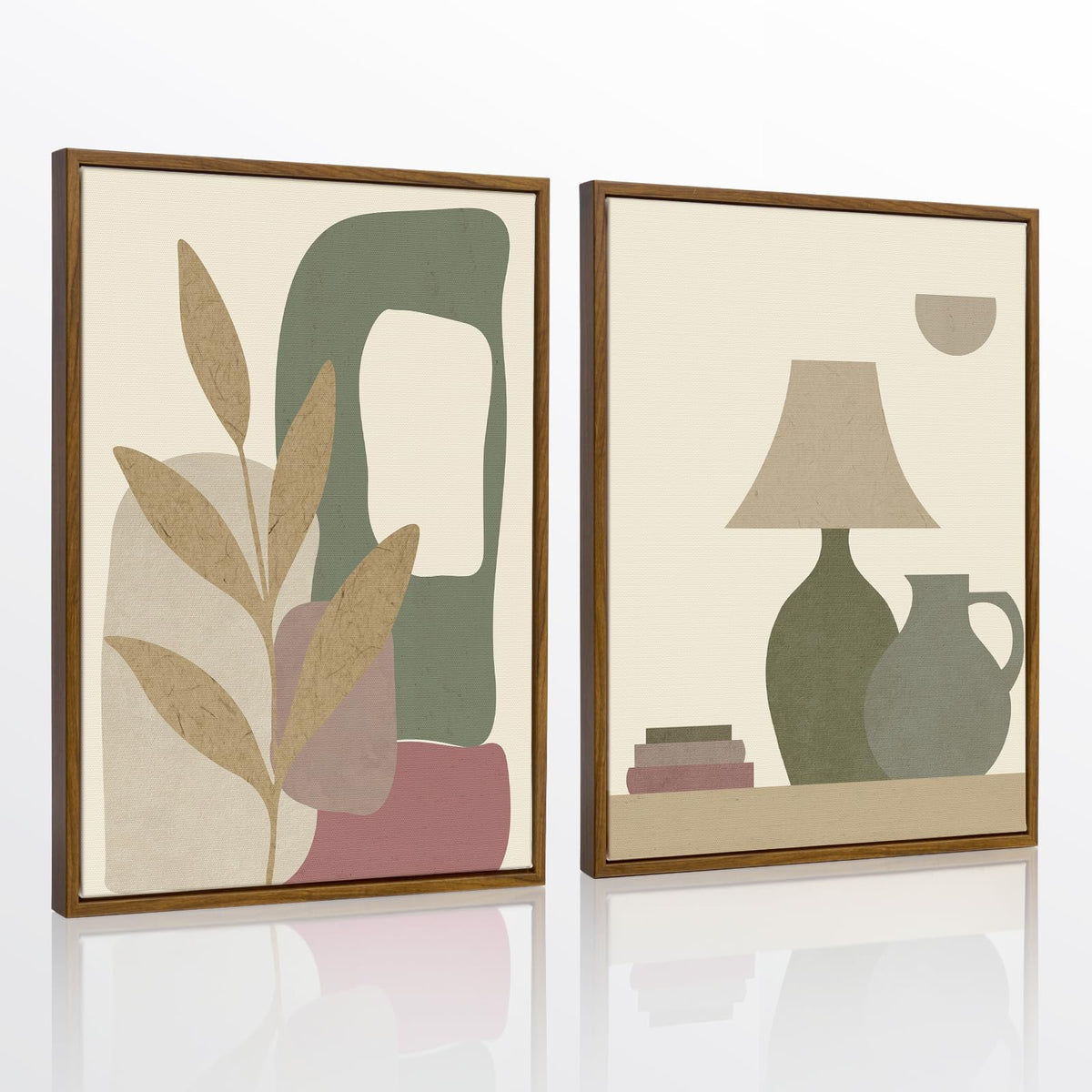 Framed Minimalist Botanical Wall Art, Set of 2 Neutral Boho Canvas Prints with Leaf and Geometric Motifs, Soft Earth Tone Artwork for Modern Farmhouse, Office, Dining Room Decor, 12x16 Inch