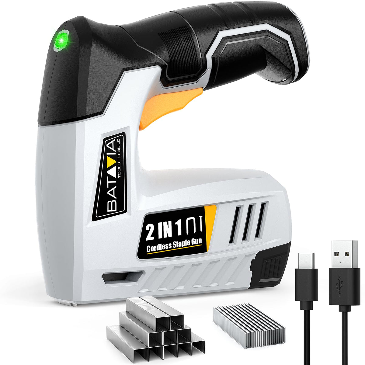 BATAVIA Electric Staple Gun, 2-in-1 Cordless Brad Nailer & Stapler Kit with 2000Pcs Nails & Staples, 4V Lithium-ion Rechargeable Nail Gun for Upholstery, Wood Working, DIY Home Projects