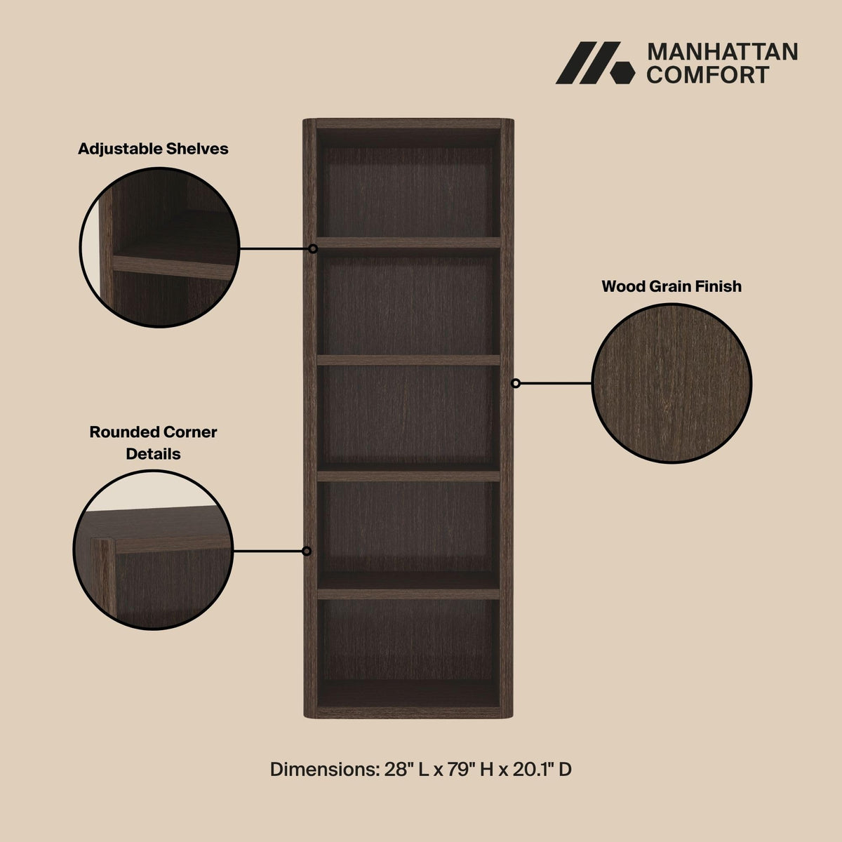 Manhattan Comfort Rivington 79" Tall Modern 5-Tier Bookcase, Open Shelving Storage Cabinet with Adjustable Shelves for Living Room or Home Office, Single Bookcase in Natural Oak
