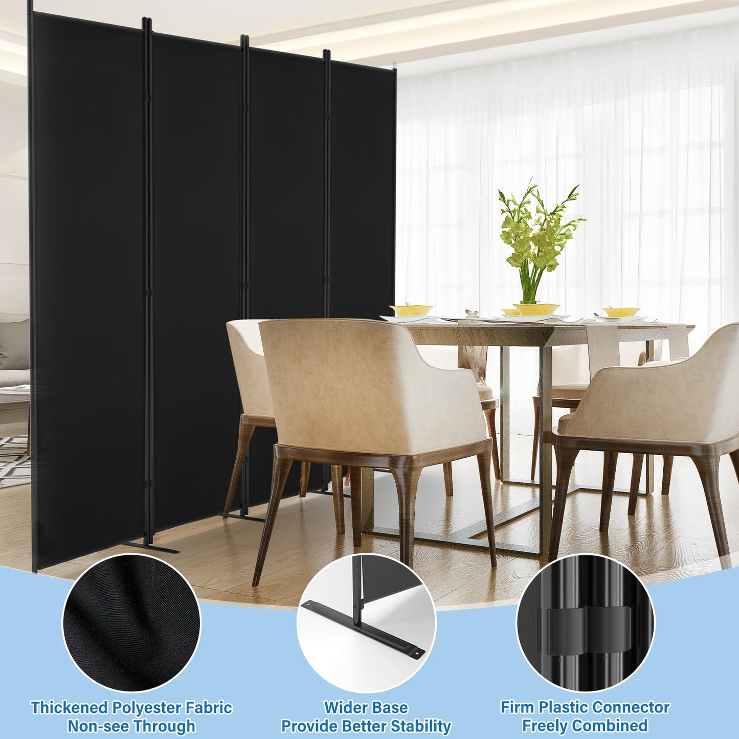 AKTOP 4 Panel Room Divider, 6FT Portable Wall Divider for Room Separation, 88"W Fabric Partition Room Dividers and Folding Privacy Screens, Freestanding Room Separators for Home Office Bedroom, Black