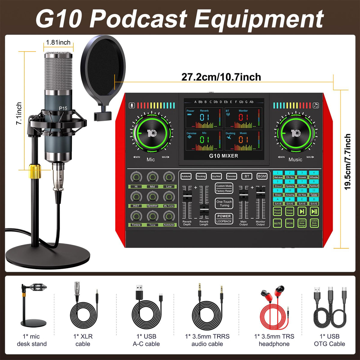 Podcast Microphone Bundle with Live Sound Board Audio Mixer, Podcast Equipment Bundle with 3.5mm Condenser Microphone(P15) for Pc/Phone Live Streaming Singing Gaming, Voice Changer, Denoise