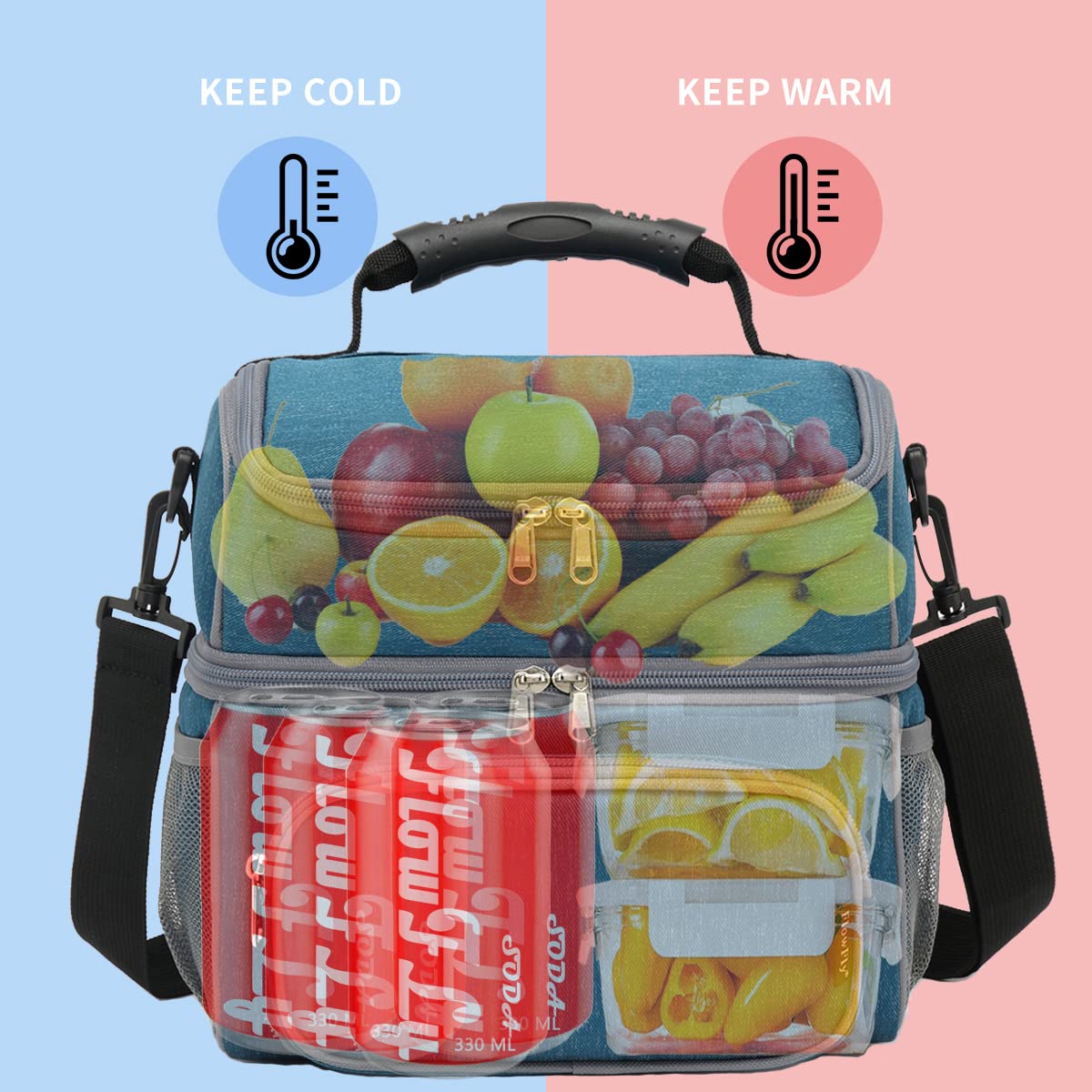 FlowFly Double Layer Cooler Insulated Lunch Bag Adult Lunch Box Large Tote Bag for Men, Women, With Adjustable Strap,Front Pocket and Dual Large Mesh Side Pockets,Lake Blue