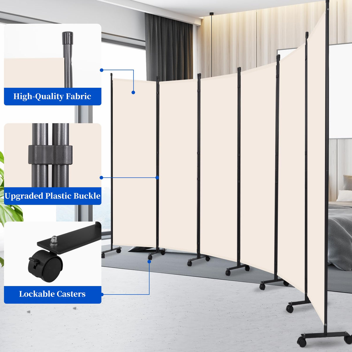 Room Divider 6FT Room Partition with Lockable Wheels, (Thicked Metal Base) Room Dividers, Freestanding Indoor Folding Privacy Screens, Portable Fabric Wall Divider for (Beige, 132"- 6 Panel)