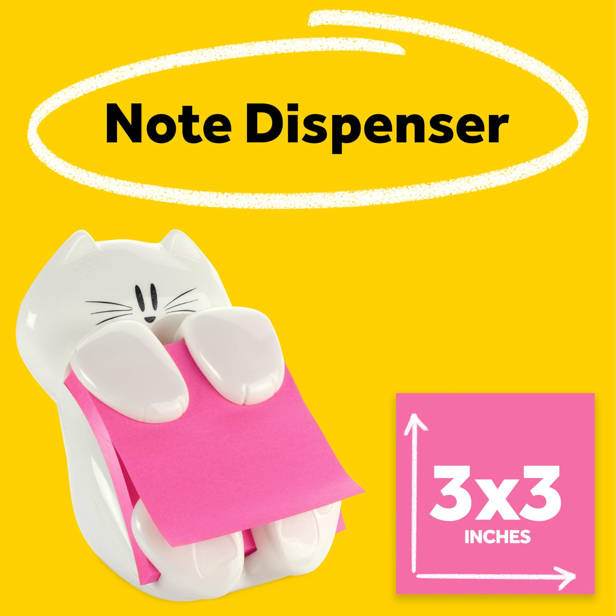 Post-it Dispenser, Sticky Note Holder, White Cat Design, Includes 45 Pop-Up Sheets of 3 in x 3 in Pink, Sticky Notes Holder for Desk, Classroom or Office Supplies