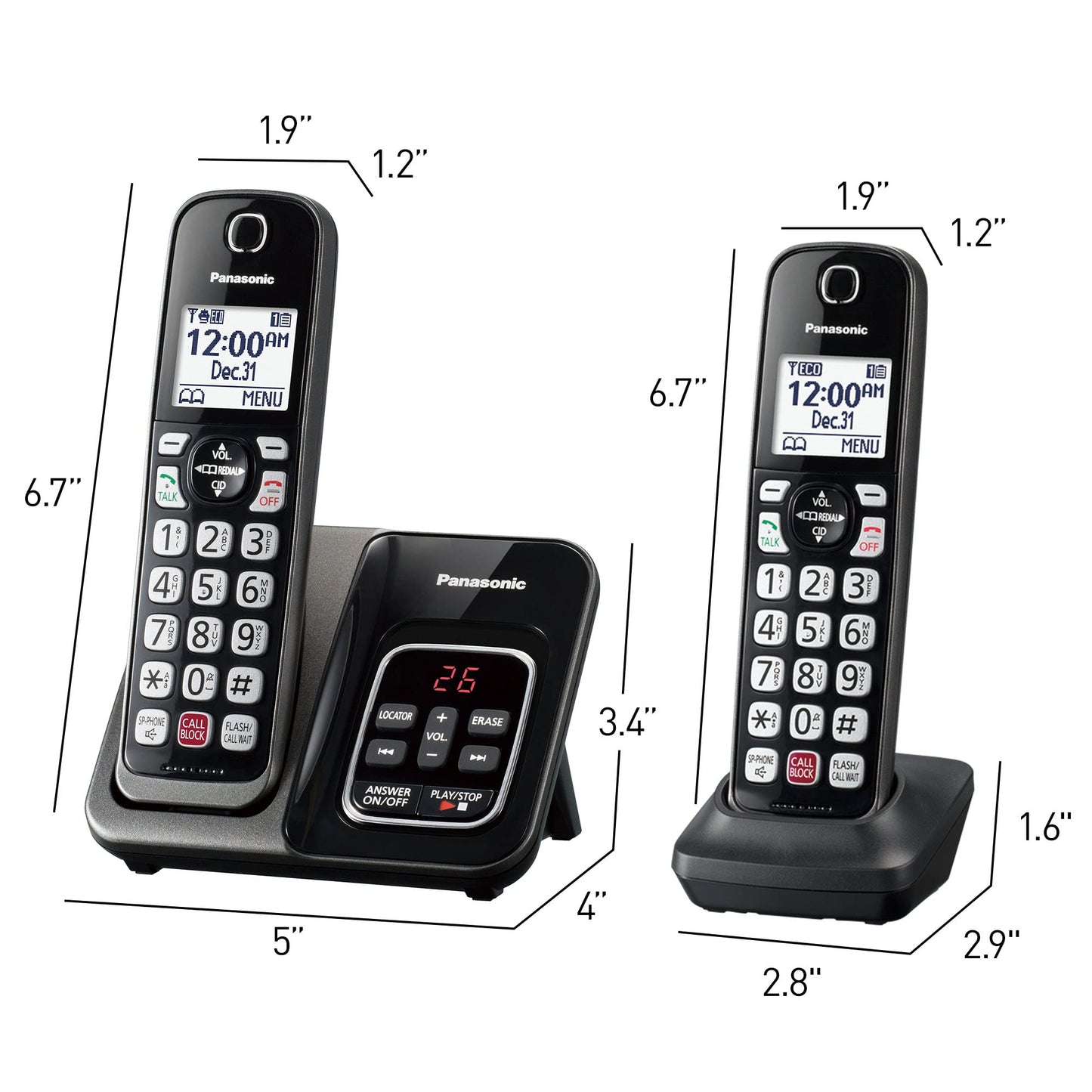 Panasonic Cordless Phone with Answering Machine, Advanced Call Block, Bilingual Caller ID and High-Contrast Display, Expandable System with 2 Handset Cordless Telephones - KX-TGD832M (Metallic Black)