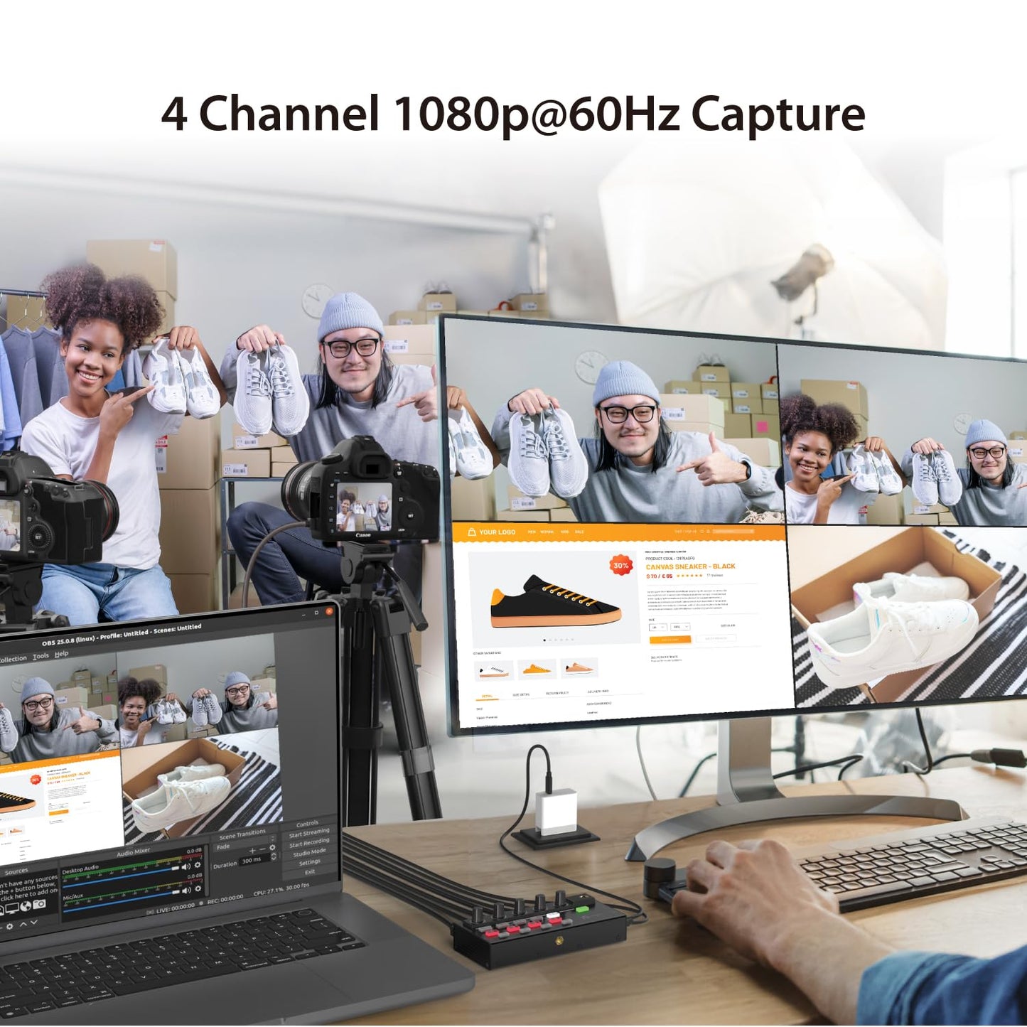 j5create All-in-One Live Streaming Station - Quad HDMI Capture, Audio Mixer, Video Switcher, Plug & Play, for Streaming, Video Conferencing, Teaching, Broadcasting (JVA08)