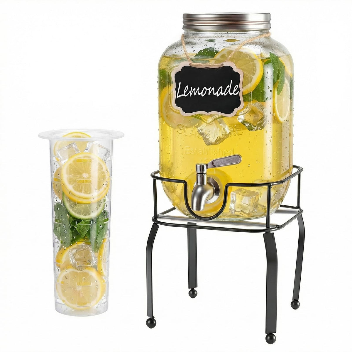 RuileMei 1 Gallon Glass Drink Dispensers For Parties,Beverage Dispenser with Stand,304 Stainless Steel Spigot Leakproof,Lemonade Dispenser for Sun Tea, Homemade Juice