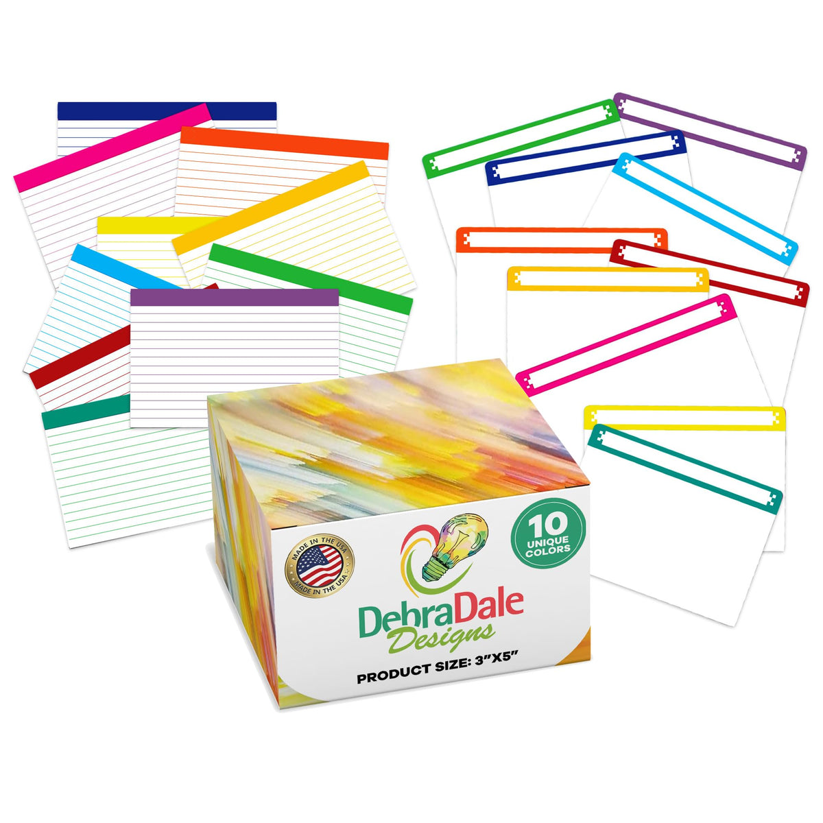 Debra Dale Designs Made in USA 350 color bar ruled index cards, matching color-coded dividers, and storage box on standard 110# white index card stock