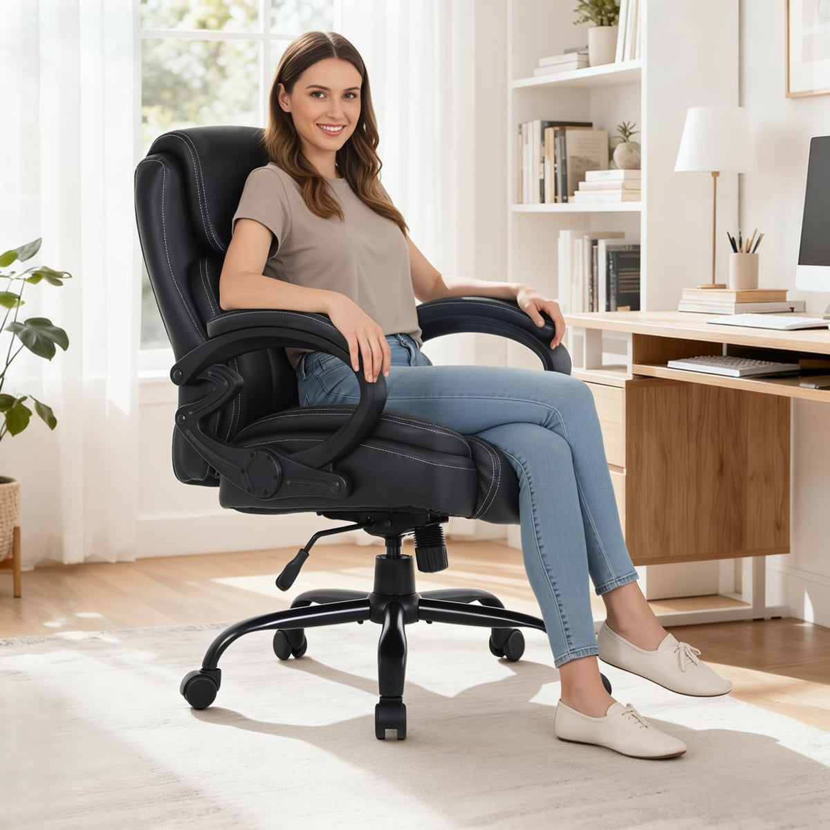 BestOffice Big and Tall Heavy Duty Office Chair 400lbs Wide Seat Ergonomic Computer Desk Chair with Arms and Lumbar Support High Back PU Leather Executive Task Computer Chair for Back Pain, Black