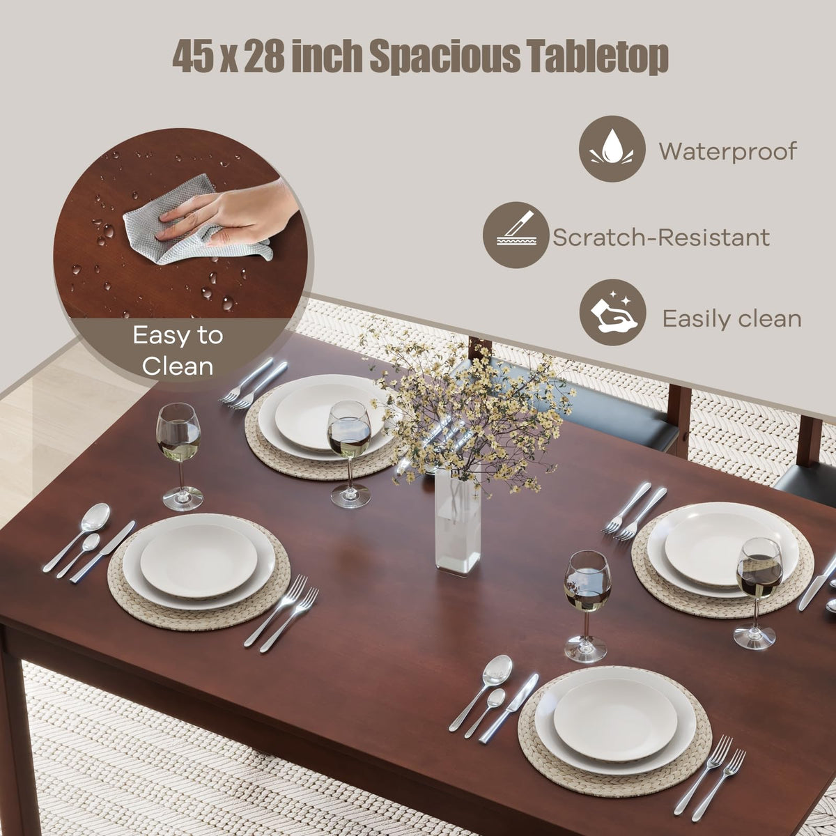 NAFORT 5 Piece Dining Table Set for 4, Farmhouse Solid Wood Kitchen Table Chairs Set of 4, Mid-Century Modern Dinette Set w/Upholstered Dining Chairs, 4 Seat Dining Room Table for Kitchen,Office