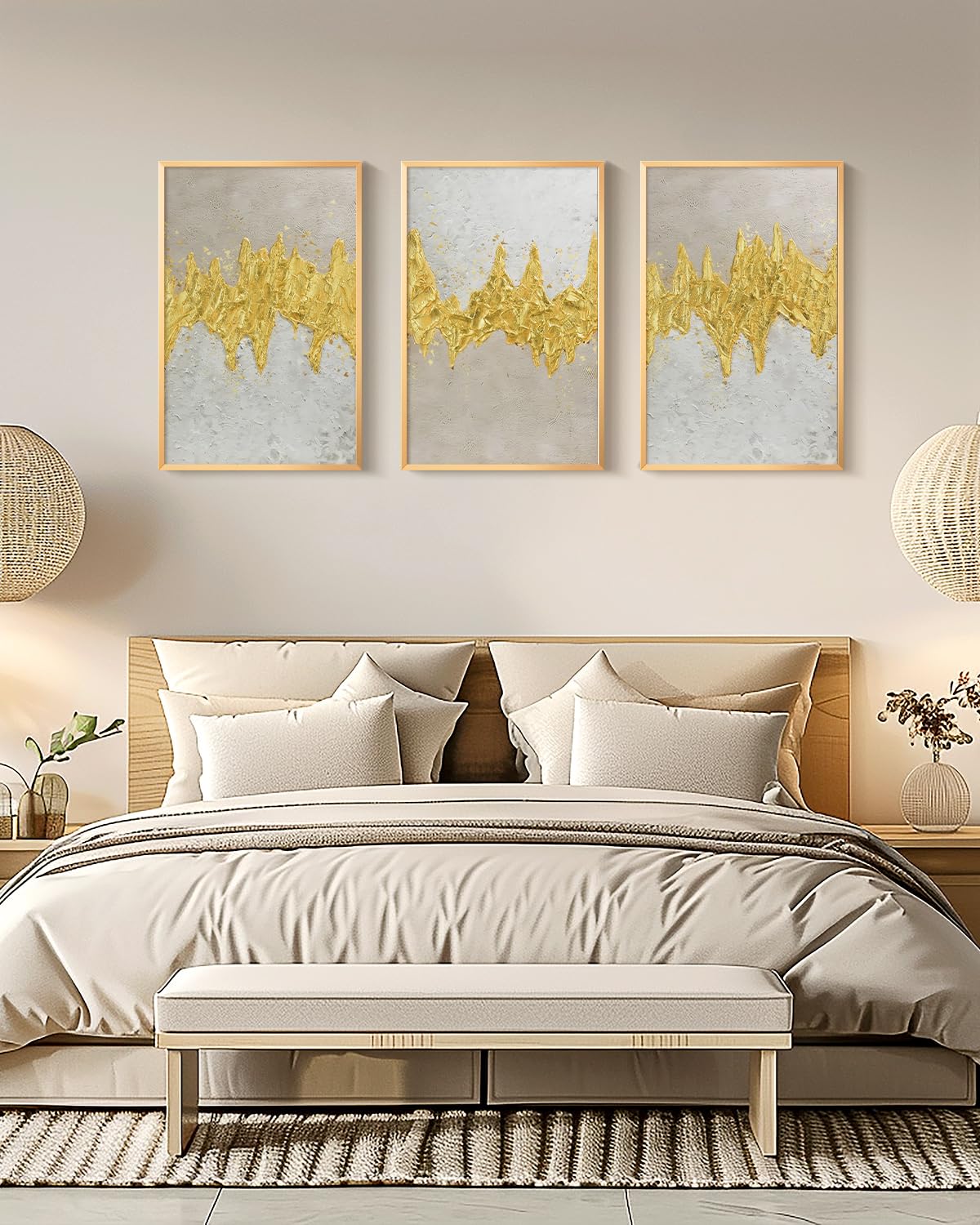 VIYYIEA Metal Framed 3D Texture Large Wall Art Set 3 Pcs Modern Neutral Artwork Abstract Gold Textured Painting Canvas Print for Living Room Bedroom Dining Room Office Gallery - 16x24 inch