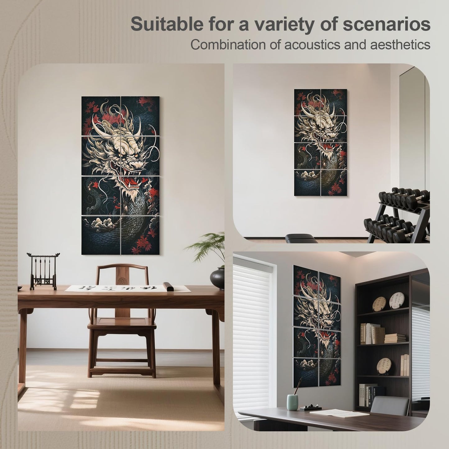 UMIACOUSTICS 8 Pcs 0.7Inch Thick Art Acoustic Panels, Total 47.2” x 23.6” Decorative Sound Absorbing Wall Panels for Home, Office, Hotel, Dragon-pattern-Painting