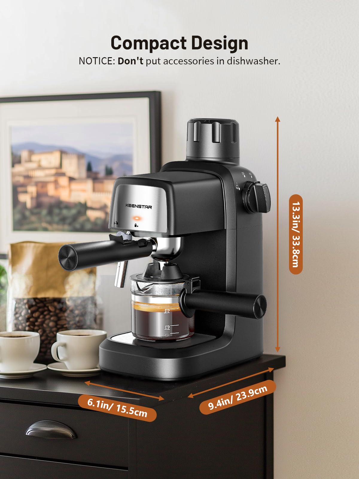 KEENSTAR 3.5Bar Espresso Machine with Milk Frother, 800W Compact Espresso and Cappuccino Machine with Preheating Function, 4 Cup Espresso Maker for Cappuccino or Latte, Gift for Coffee Lover
