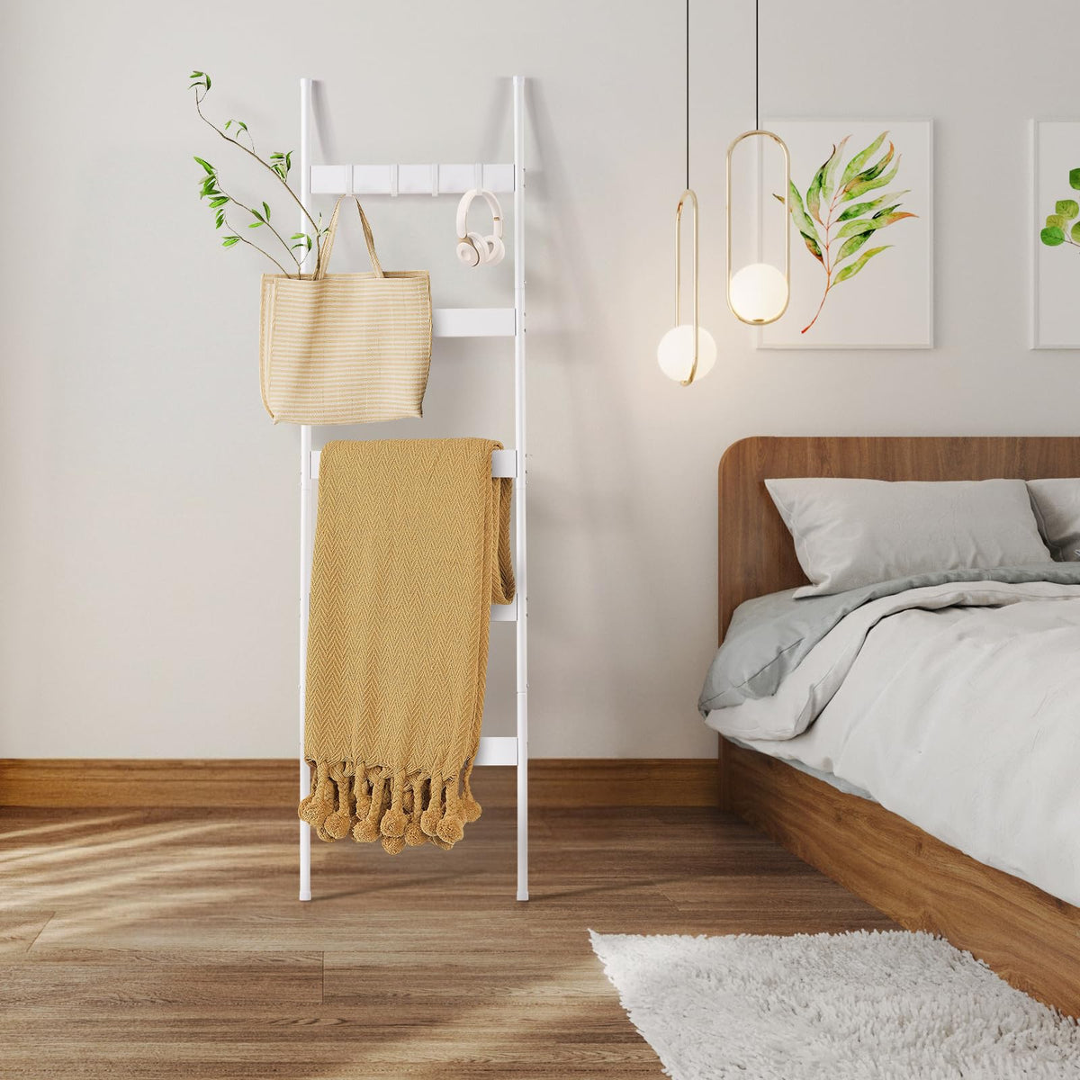 ELYKEN Blanket Ladder for Living Room, Farmhouse 5-Tier Quilt Holder with 4 Removable Hooks for Bathroom, Wood Towel Rack Display, Wall Anchor Leaning Decorative Stand for Home, White