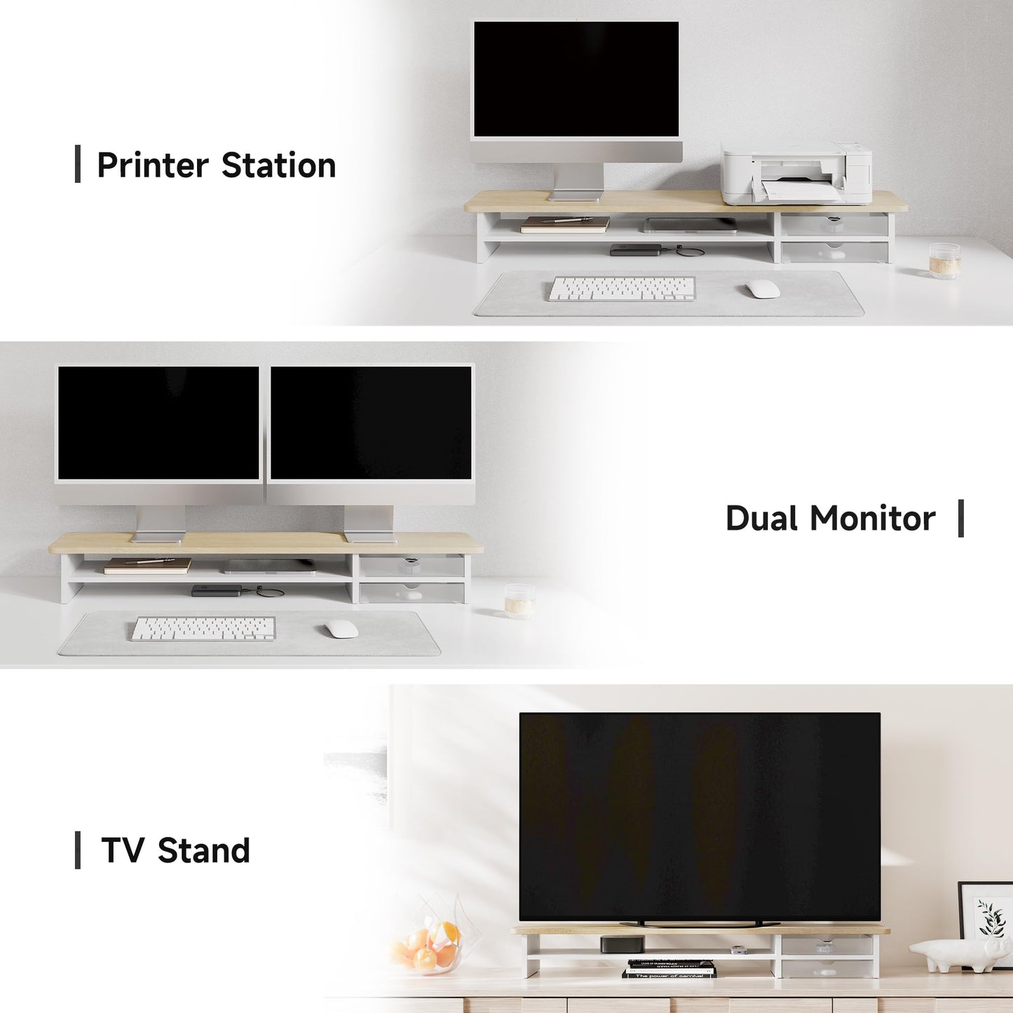 Fenge Monitor Stand, Dual Monitor Riser, 42.5inch Large Desk Computer Monitor Stand Riser with Drawer, 2 Tier Wood & Acrylic Desktop Organizer for Computer, Laptop, Printer, TV Screen Riser