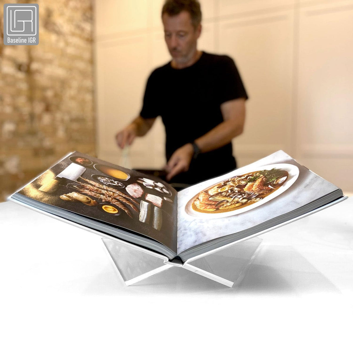 Baseline IGR Large Clear Acrylic Book Stand, 12.5" x 9.5" x 5.5”, Acrylic Book Holder, Open Bookstand for Display and Reading Cookbooks, Art Books, Bibles, Magazines - Home and Office