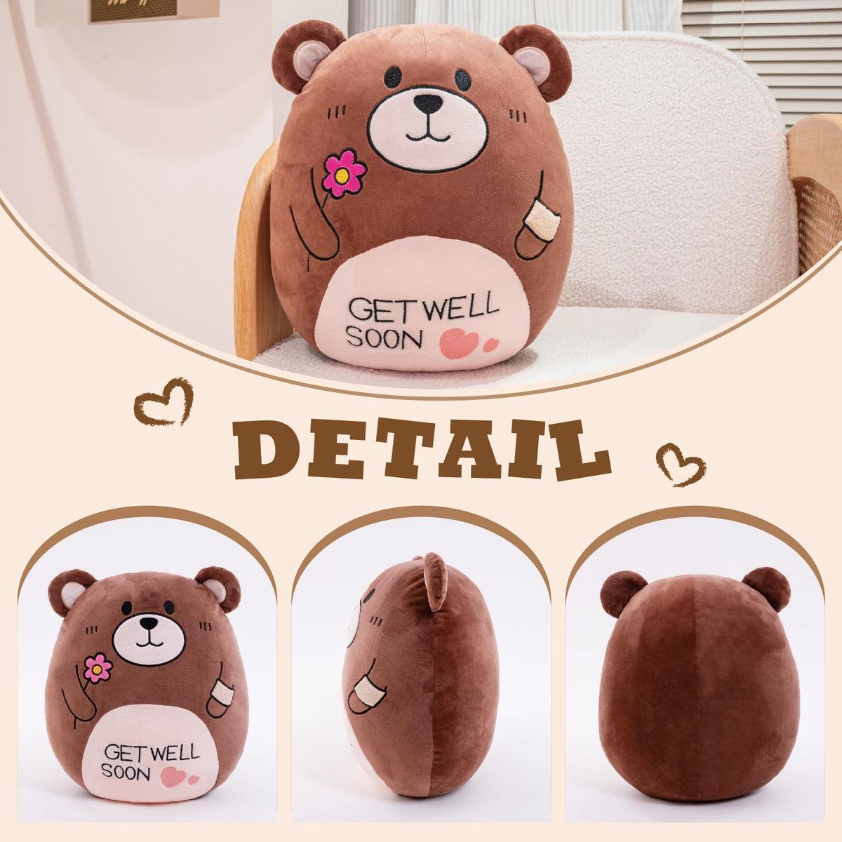 AmyToo 14.5“ Get Well Soon Teddy Bear Plush Pillow Soft Teddy Bear Stuffed Animal Body Pillow Gifts for Kids Girls and Boys After Surgery