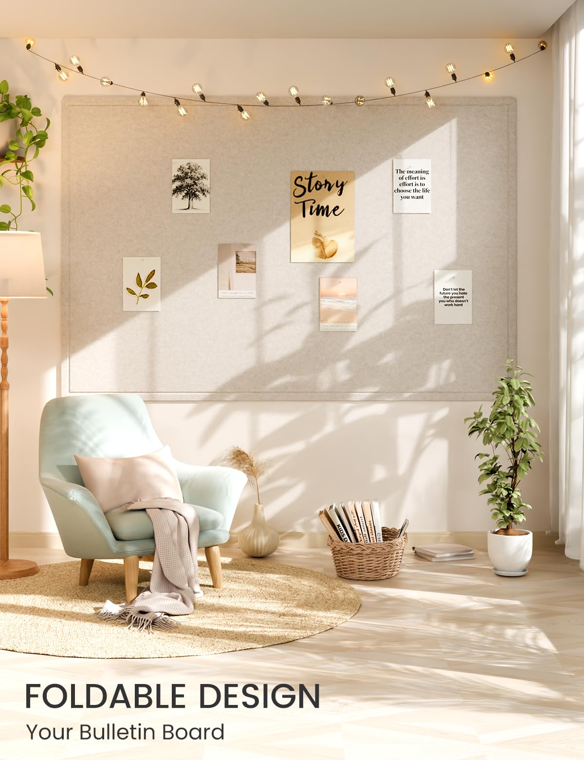 Fluxynara Large Bulletin Board, 70.8" x 47.2" Cork Board Alternative with 48 Safe Removable Adhesive Tabs, Foldable Felt Pin Board for Home Office, Classroom, Bedroom,Entryway for Walls—Oatmeal