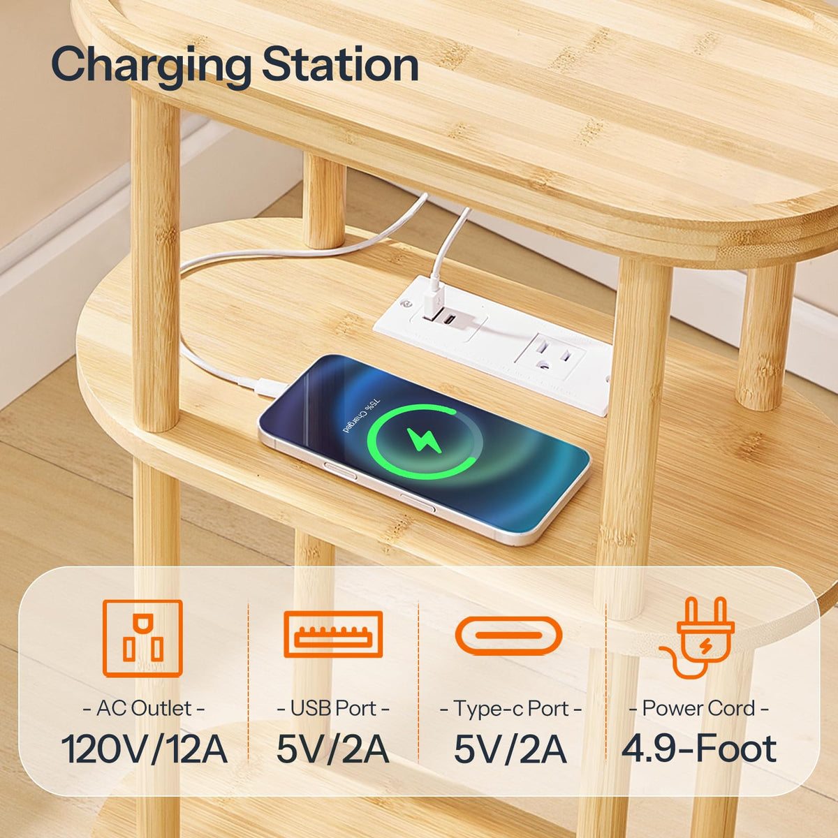 HOOBRO Small Narrow Side Table with Charging Station, 3-Tier Bamboo Narrow End Table, Slim Side Table for Small Spaces, Skinny Oval Nightstand for Living Room, Bedroom, Apartment, Natural YL178UBZ01
