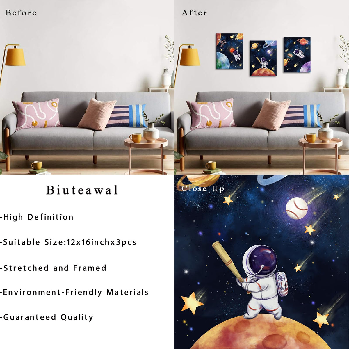 Biuteawal 3 Panels Space Wall Art Cute Astronaut Play Basketball Football Baseball Sports Picture Universe Theme Canvas Painting Funny Art Boys Girls Kids Bedroom Nursery Room Decor