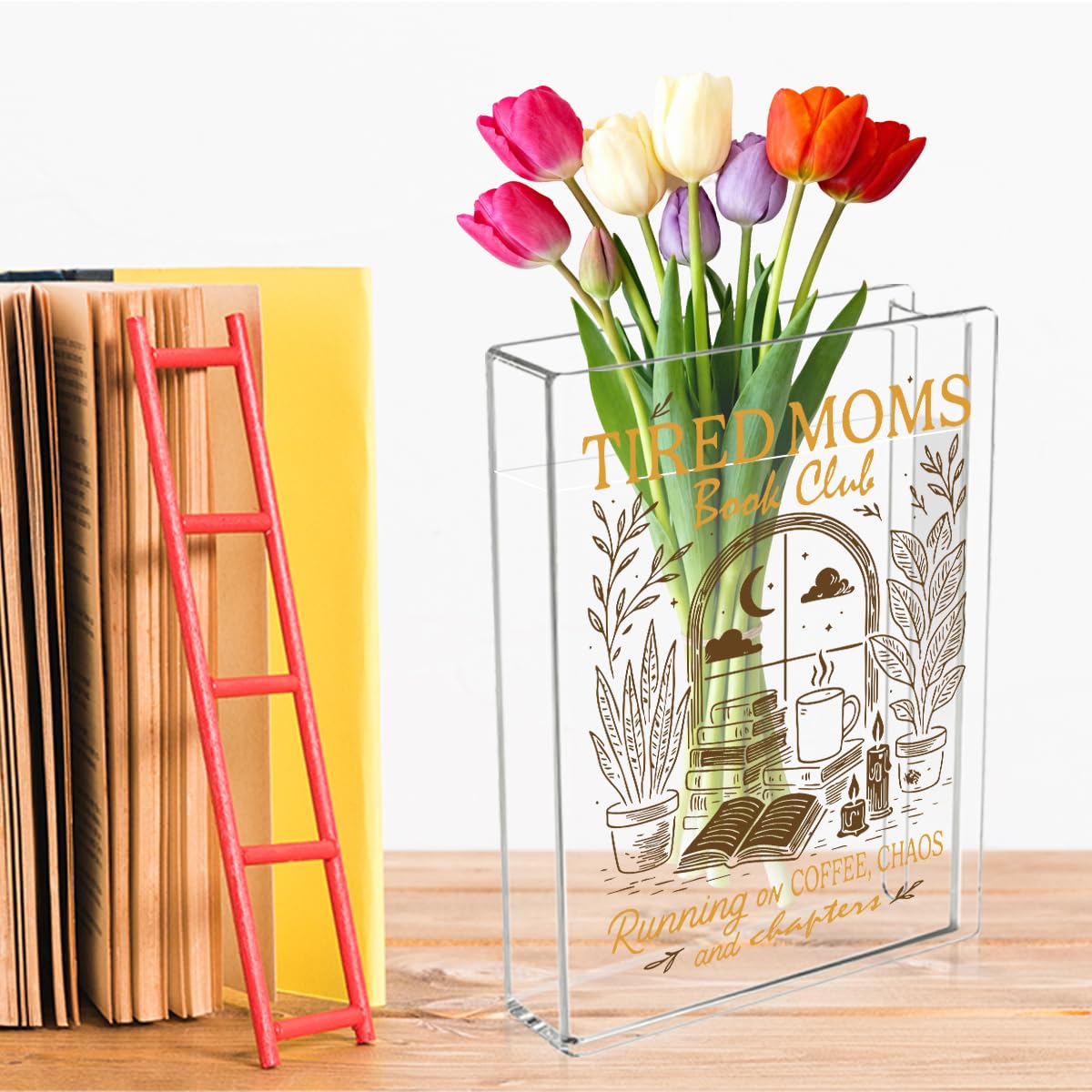 Moms Book Flower Vase Mothers Day Birthday Book Lover Gifts for Mom Mother from Daughter Son Coffee Chaos and Chapters Tired Moms Funny Acrylic Book Shaped Vase Decor for Home Office Table Vase 3804